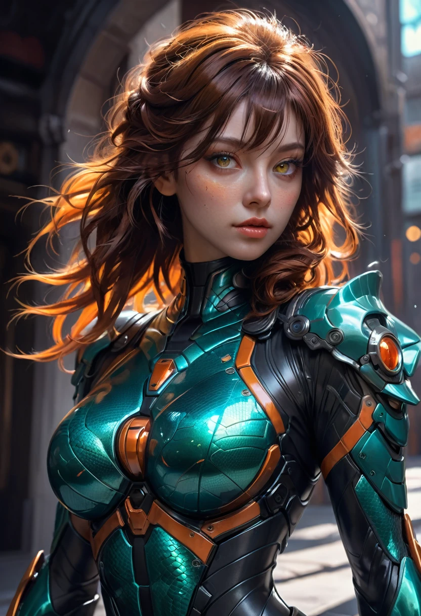 Tight Combat Suit, a very beautiful reptilian girl. snake eyes, perfect facial features, snake tongue. in a tight combat suit, repeating the curves of the body, 8k resolution concept art by Greg Rutkowski dynamic lighting hyperdetailed intricately detailed Splash art trending on Artstation triadic colors Unreal Engine 5 volumetric lighting Alphonse Mucha WLOP Jordan Grimmer orange and teal