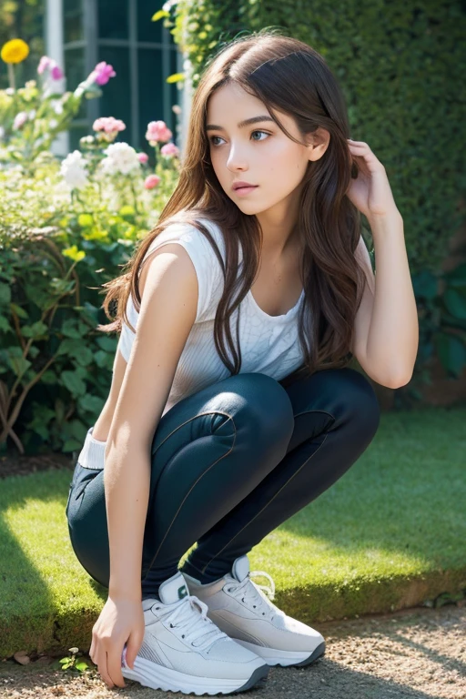 A girl in a garden, tight fitting pants, sneakers, athletic, detailed face, beautiful eyes, delicate lips, mesmerizing expression, natural lighting, detailed texture, cinematic composition, vibrant colors, fantasy, whimsical, elegant, masterpiece, best quality, 8k, photo-realistic