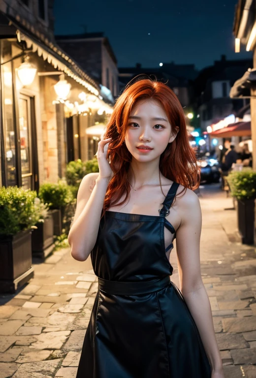 1 girl, ((Standing in front of Bistro victories restâurnt)), ((Bistrot Victories restaurant)) , frente, ((black eyes)), (((perfect eye))), (((redhead))), beautiful black skirt, in a stunning setting, ((bistrot victories restaurant in background)), beautiful city, fim de tarde, live lighting, cores vivas, (((no cars))), ((night:1.5)), (light city), (beautiful smile), (cute pose)