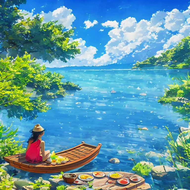 (masterpiece, best quality:1.2), Blue sky, Ocean鸥，Ocean, lake, Wooden boat，Green Water, Trees, tent, Wooden table,   pretty girl，safflower