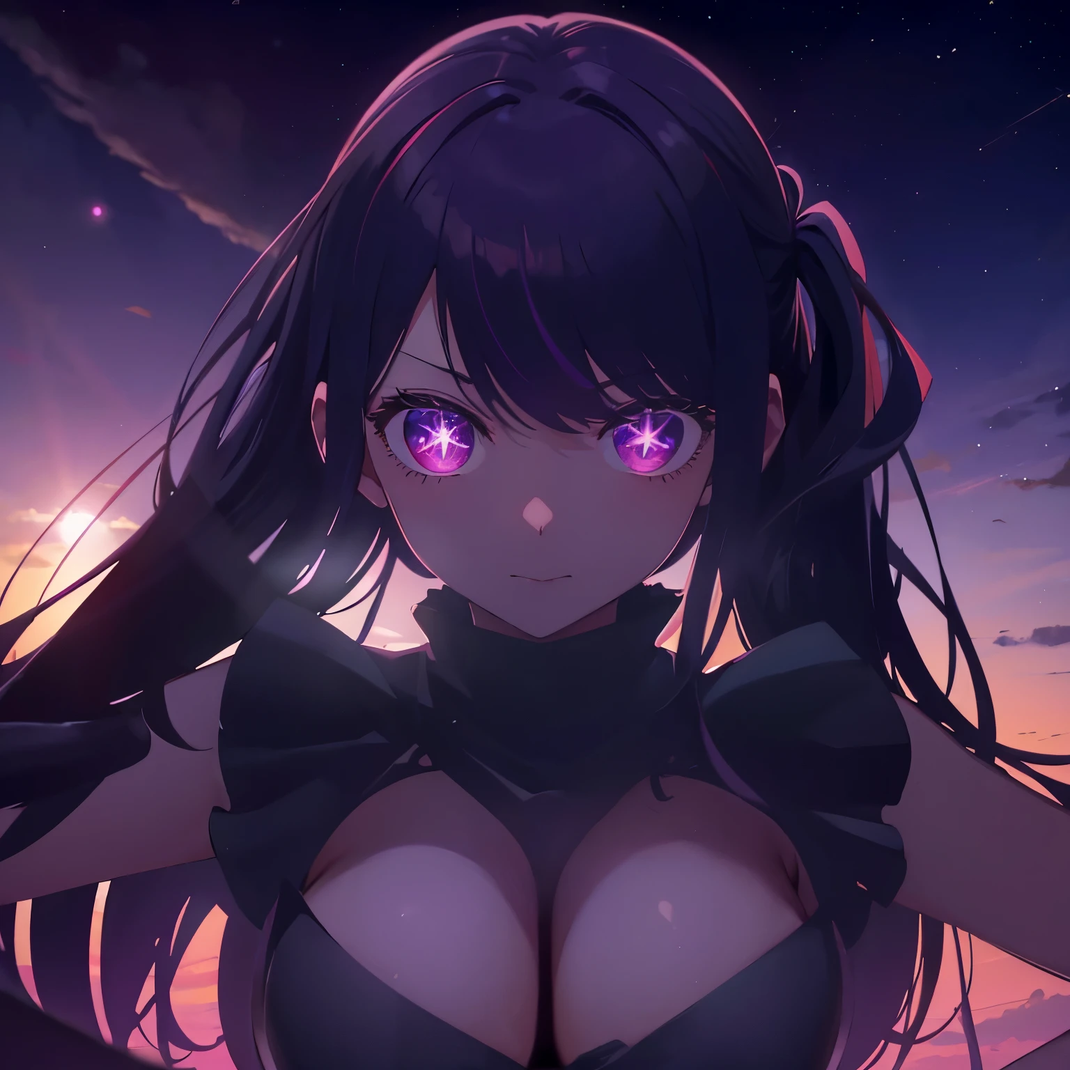 masterpiece, best quality, hoshinoai, purple eyes, (silhouette:1.3), big breasts, star (sky), dress close up