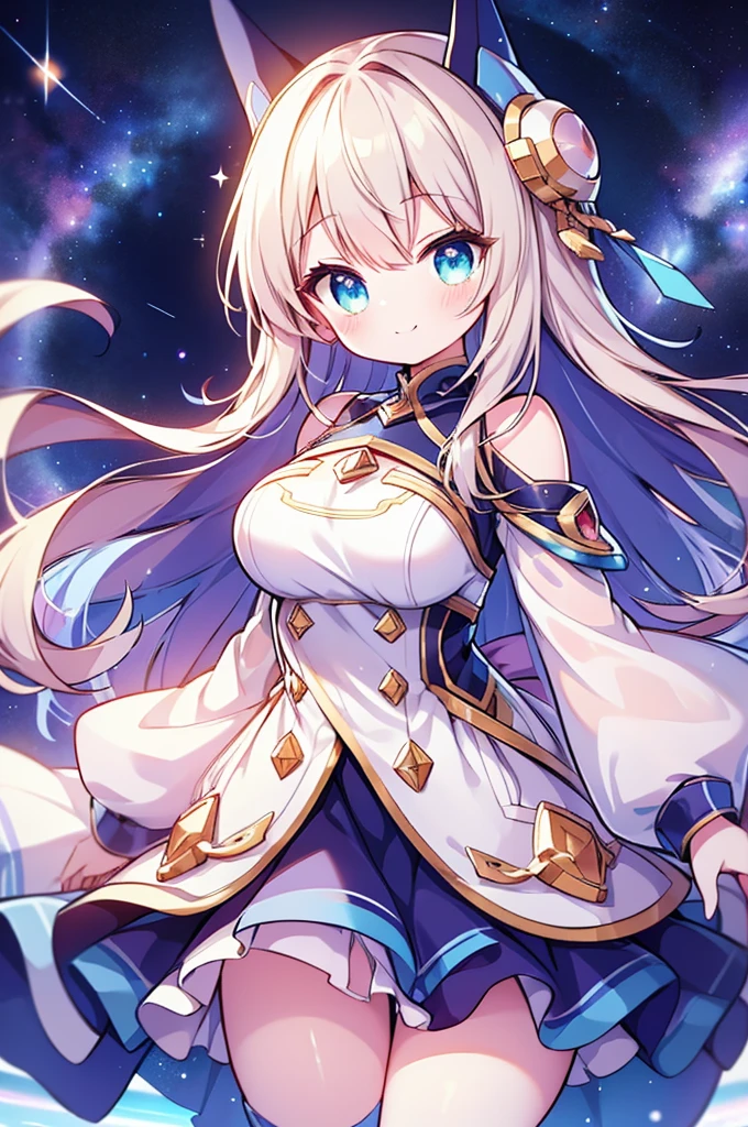 a chibi girl space explorer, with her big, sparkling eyes filled with wonder, is seen floating playfully in the zero-gravity of space. Her attire is a specially designed cosmic suit adorned with whimsical space-themed patterns, making her look even more adorable with a cute smile.