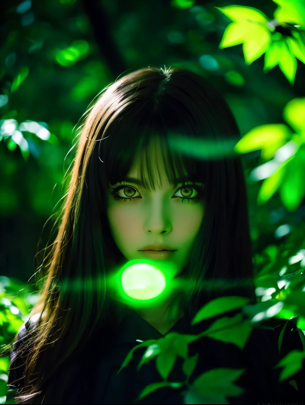 anime girl with green eyes in the dark surrounded by leaves, green glowing eyes, with glowing eyes, magical glowing eyes, anime lush john 8k woods, dark glowing rain, glowing eyes everywhere, eerie glowing eyes, glowing eyes, eyes glowing, numerous dimly glowing eyes, anime style. 8k, glowing green eyes, glowing magical eyes, very glowing eyes