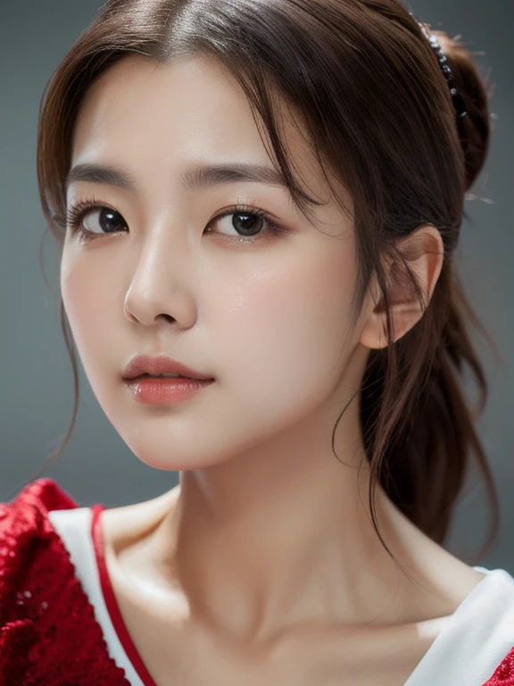 Masterpiece, Best Quality, Photorealsitic, Ultra-detailed, finely detail, high resolution, 8k wallpaper, Professional, high level of detail,1girl in, ((Facing the front)), ((Only lips are in Red)), Detailed clavicle, face perfect, five moles in face, straight hair, (look straight at a camera)