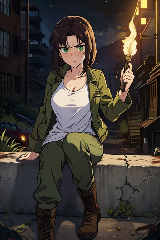 -Anime Style- -High Quality- -work of art- A beautiful woman, dark tied hair, green eyes, freckles, a scar on her face, dirty, wearing a dirty white t-shirt, with a worn jacket, long torn and dirty pants, military boots, serious expression, holding a Deagle and a torch, a destroyed city with vegetation and at night
