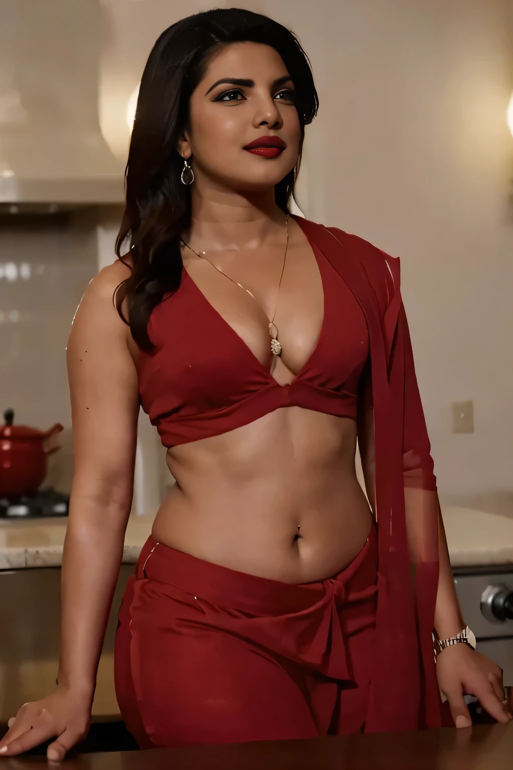 photo of Priyanka Chopra with red saree, big cheeks, curvy, hourglass figure, swooping breasts, deep cleavage, open arms, navel, sexy armpits, bending over kitchentop with wide open spread legs, necklace, (cinematic:1.3), intricate details, (ArtStation:1.2)