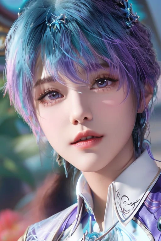 Close-up of a woman with blue hair and a purple shirt., superb beauty,((short hair with details)),Knight in the image of a zodiac girl, Zhongli from Genshin Impact, Keqing from Genshin Impact, Yun Ling, Inspiration from Leng Mei, beautiful character drawings, Beautiful Princess, Beautiful Princess, Portrait of a female mage, 8K portrait display