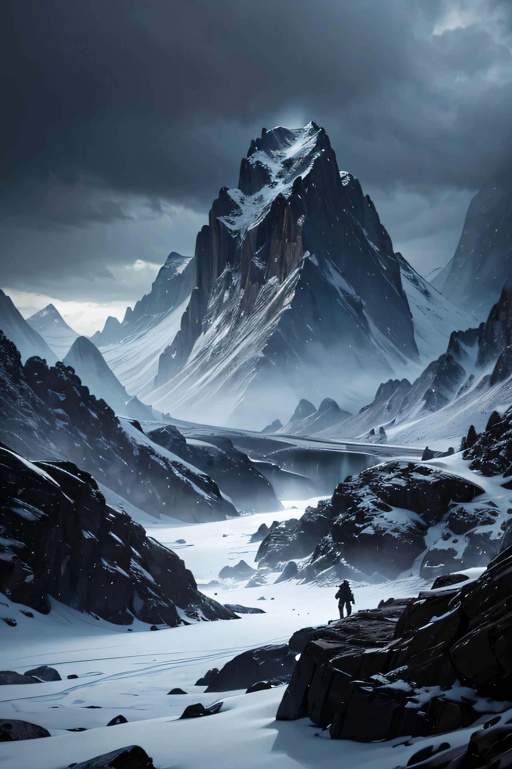 a man in a black suit facing the camera, mountains with snow and normal mountains, not so bright image, dark to show terror, hyper detailed, cinematic lighting, moody, dramatic, photorealistic, 8k, (best quality:1.2), (realistic:1.37), highly detailed, sharp focus, masterpiece, (intense detail:1.3), cinematic composition, dramatic shadows, gloomy atmosphere, ominous, epic scale, grand scenery, cold mountainous landscape, snow-capped peaks, rugged terrain, foreboding skies, ominous clouds, moody lighting, chiaroscuro, (intricate details:1.25), (extreme detail:1.4)