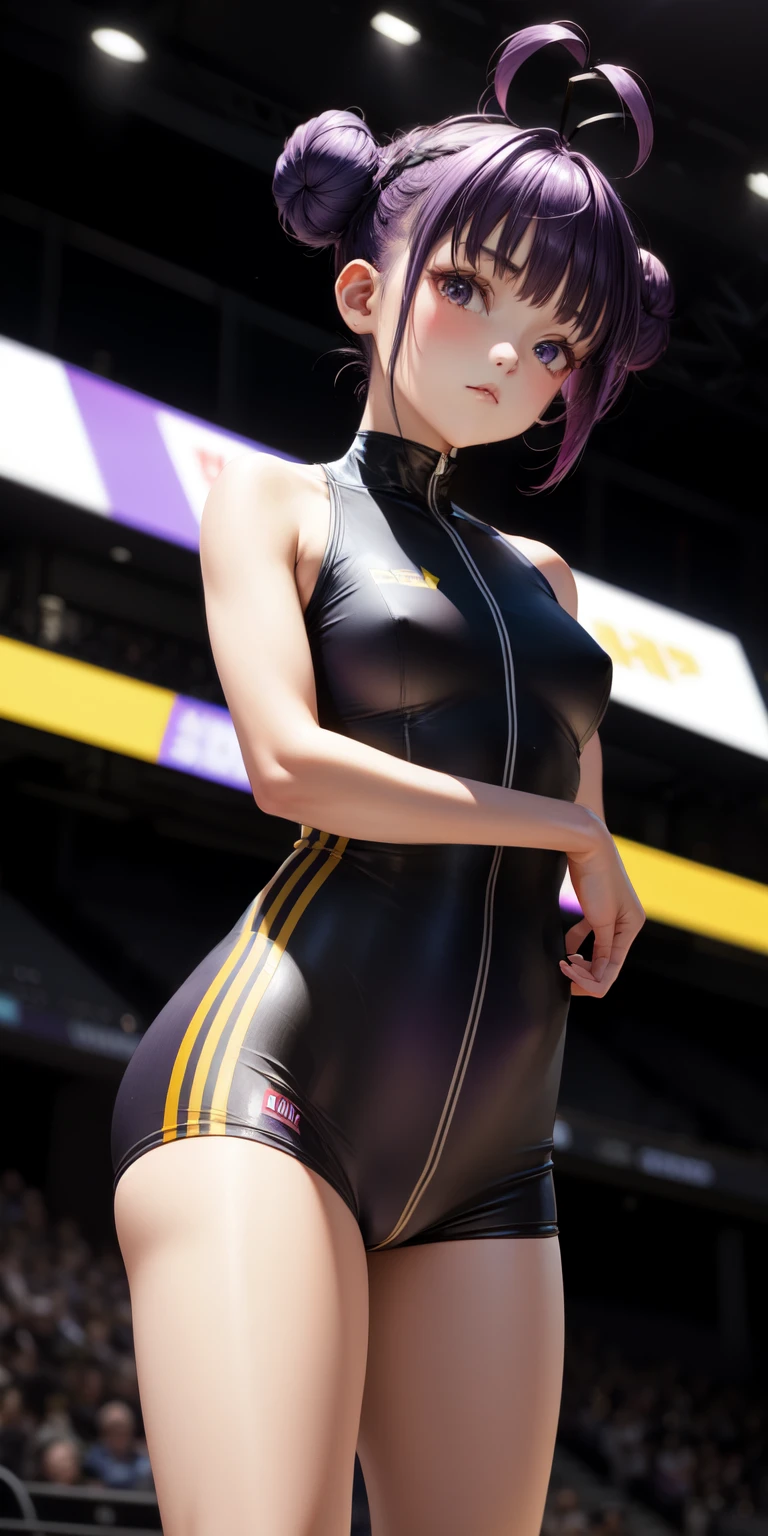 Short girl with short purple hair and two buns on her head. wearing  and standing on the podium