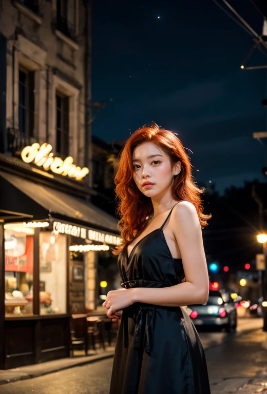 1 girl, ((Standing in front of Bistro victories restâurnt)), ((Bistrot Victories restaurant)) , frente, ((black eyes)), (((perfect eye))), (((redhead))), Gorgeous black dress, in a stunning setting, ((bistrot victories restaurant in background)), beautiful city, fim de tarde, live lighting, cores vivas, (((no cars))), ((night:1.5)), (light city), (beautiful smile), (cute pose)