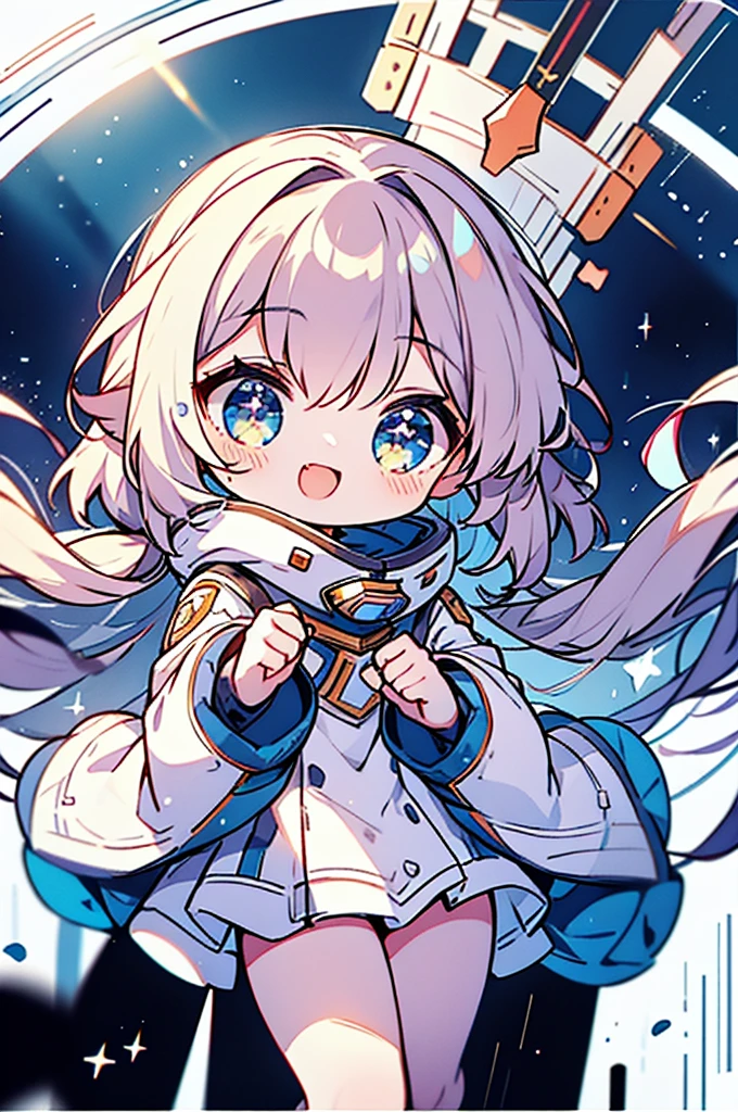 a chibi girl space explorer, with her big, sparkling eyes filled with wonder, is seen floating playfully in the zero-gravity of space. Her attire is a specially designed cosmic suit adorned with whimsical space-themed patterns, making her look even more adorable with a cute smile.