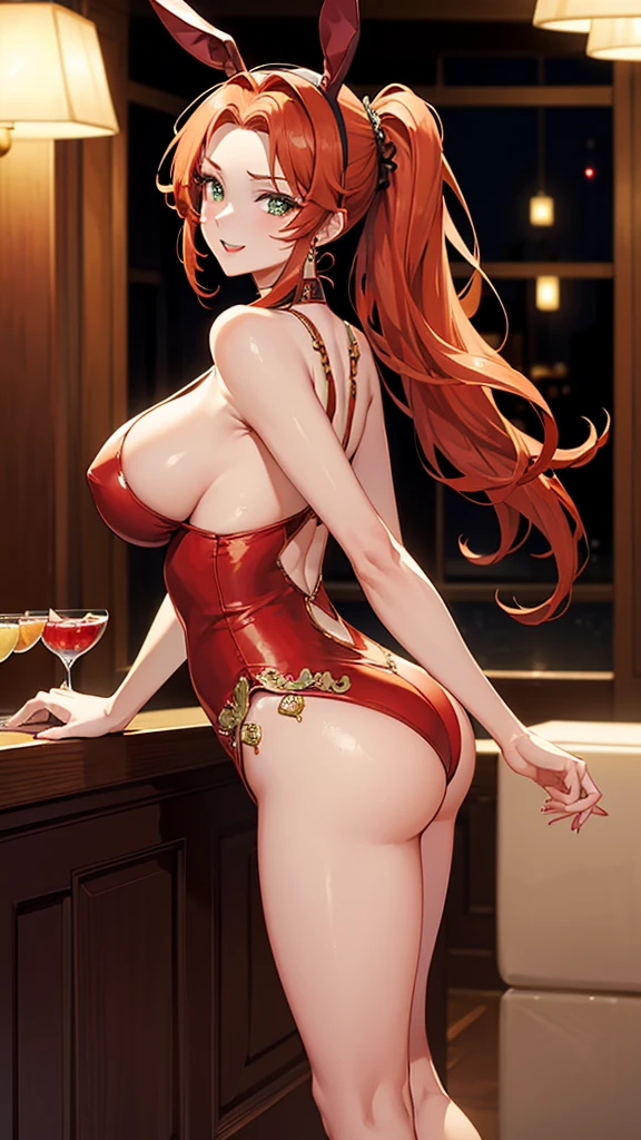 (highest quality,4K,8k,High resolution,masterpiece:1.2),Super detailed,One 40 year old woman、(((mature female))), (((milf))), (((tareme))), Best Bust、large breasts, Beautiful Eyes、orange hair、moss green eyes、Red lips, ((pony tail)), (drill hair), ((forehead)), plump body type, Red Bunny Suit, (back shot), low angle shot, sexy pose, bewitching pose, looking back at viewer, Ass Focus、casino,Body stockings, Beautiful fine details,Beautiful lip detail,Highly detailed eyes and face, Long eyelashes,Colorful lights,Vibrant colors,Soft lighting,Stylish background decoration,roulette,Confident posture,Excited ,Captivating smile,Expression of joy,Strong gaze,Bunny ears headband,classic casino atmosphere,Exquisite detail,amazing casino interior,