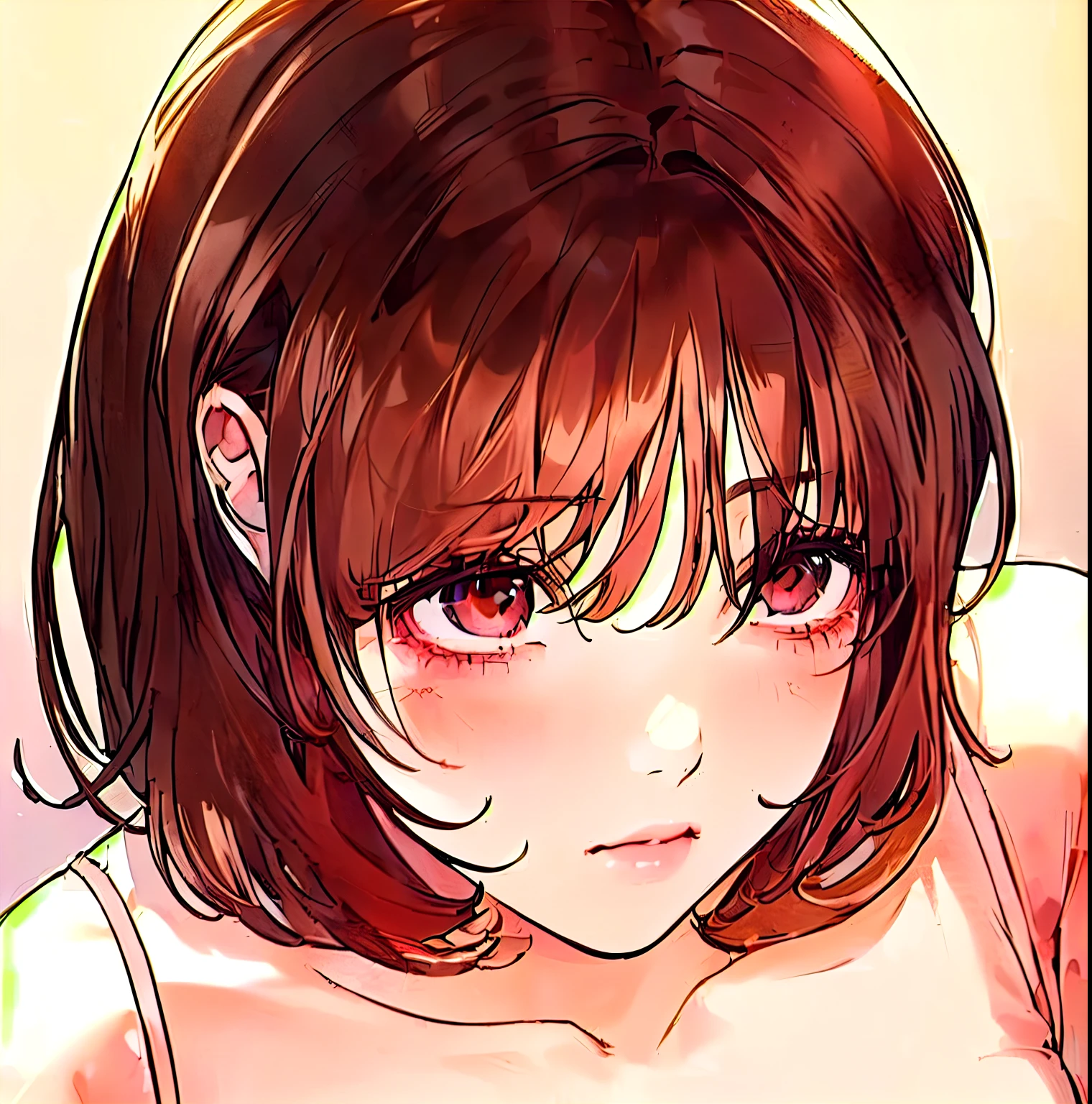 anime girl with brown hair and a pink top, cute natural anime face, kawaii realistic portrait, cute anime face, detailed anime soft face, seductive anime girl, short brown hair and large eyes, extremely cute anime girl face, cute anime girl portraits, cute anime girl portrait, detailed portrait of anime girl, beautiful anime face, girl portrait, semirealistic anime style, ((pink eyes), (short medium hair), (asymmetrical bangs), (brown hair)