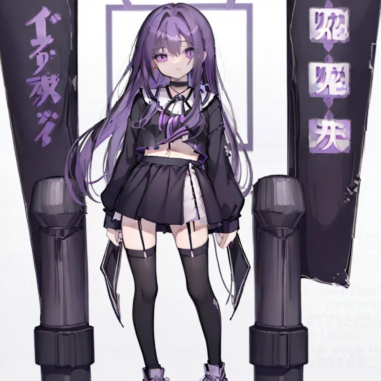 1 girl、Mature、Ample breasts、Purple Hair、Long Hair、Sharp Eyes、Purple Eyes、Black T-shirt、Belly button、Black miniskirt、Ruffled 、Black and white striped arm covers、Black knee-highs、Platform sneakers、garter、choker、Cinema Lighting、Super detailed、highest quality、High resolution、masterpiece