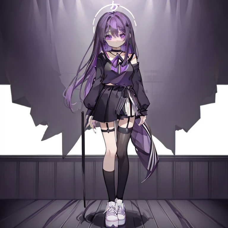 1 girl、Mature、Ample breasts、Purple Hair、Long Hair、Sharp Eyes、Purple Eyes、Black T-shirt、Belly button、Black miniskirt、Ruffled 、Black and white striped arm covers、Black knee-highs、Platform sneakers、garter、choker、Cinema Lighting、Super detailed、highest quality、High resolution、masterpiece