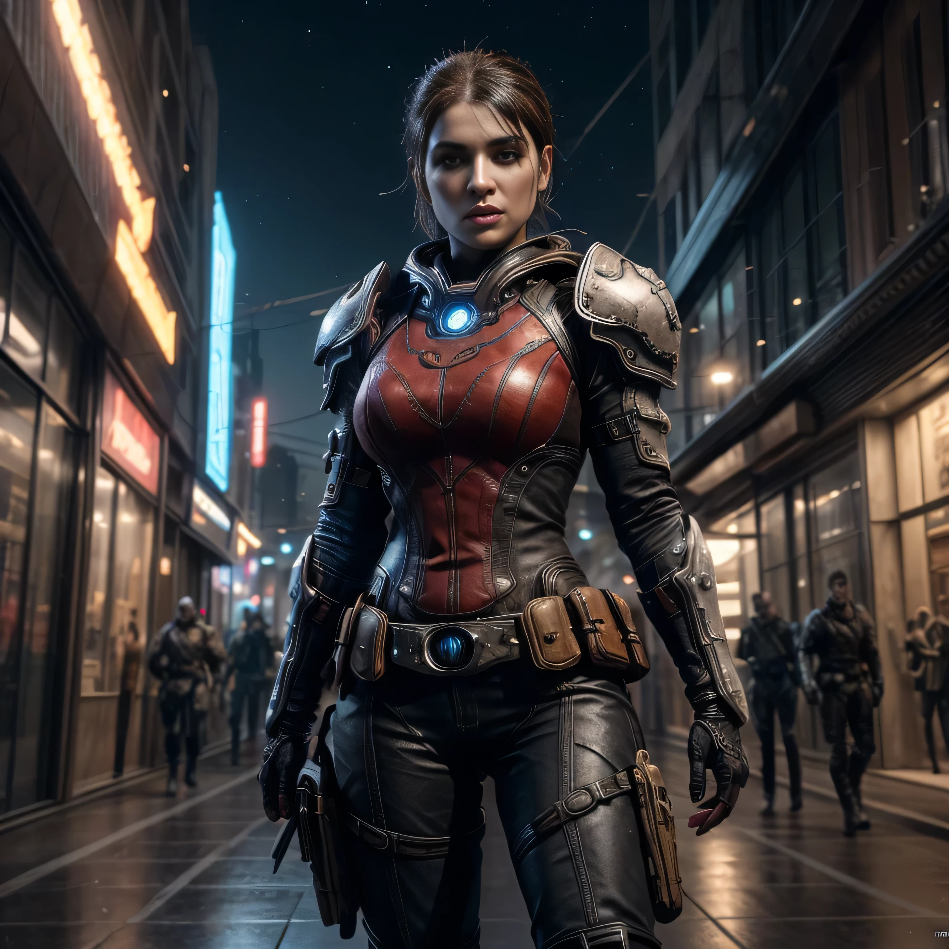 mujer alienigena extraterrestre, considerada como una de las razas mas bellas de la galaxia, con una cara, ojos y labios sensuales, vestida con uniforme sexy de gears of war, ((se encuentra en centro de control de estacion espacial)). hiperrealista, imagen nitida, 8k. imagen cinematografica. (intrincados detalles de la maquina)