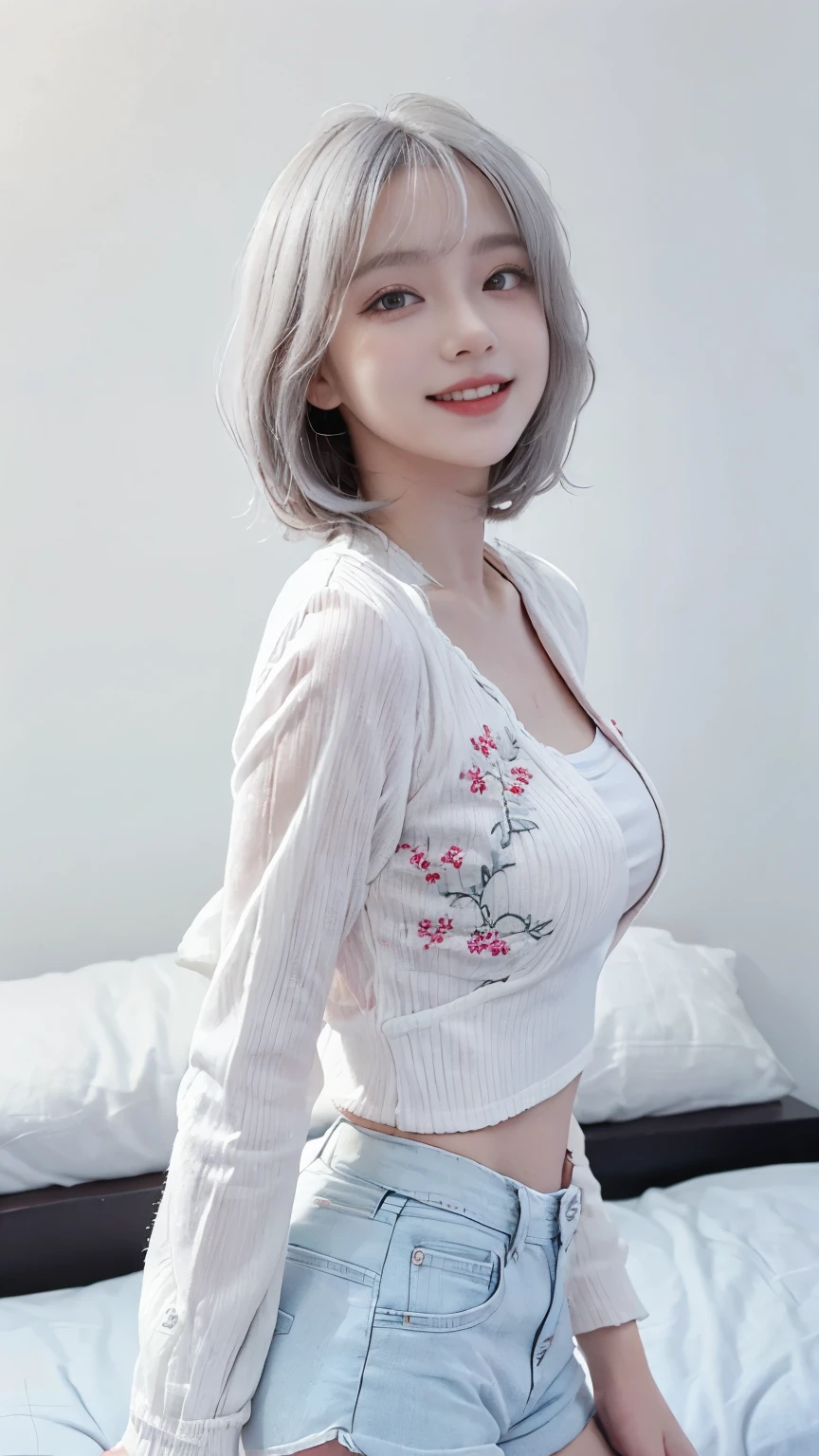Best image quality、RAW Photos、超A high resolution、21 year old Korean、Small breasts、Small breasts、Dynamic Angle、Cowboy Shot、Chaos in its most beautiful form、elegant、Brutalist Design、Beautiful white hair、Vibrant colors、Short Bob、smile、fun、smile、Glowing White Skin、Beautiful eyes with random colors、Very thin lips、Beautiful eyes in every detail、length, Narrow eyes、Pale pink blush、length eyelashes、Beautiful double eyelids、eye shadow、Bright white hair、Beautiful embroidered short-sleeved shirt、Transparent top、See-through jacket、hot pants、Shooting from the side、studio、Gravure photoshoot、Full Body Shot、Hand gestures