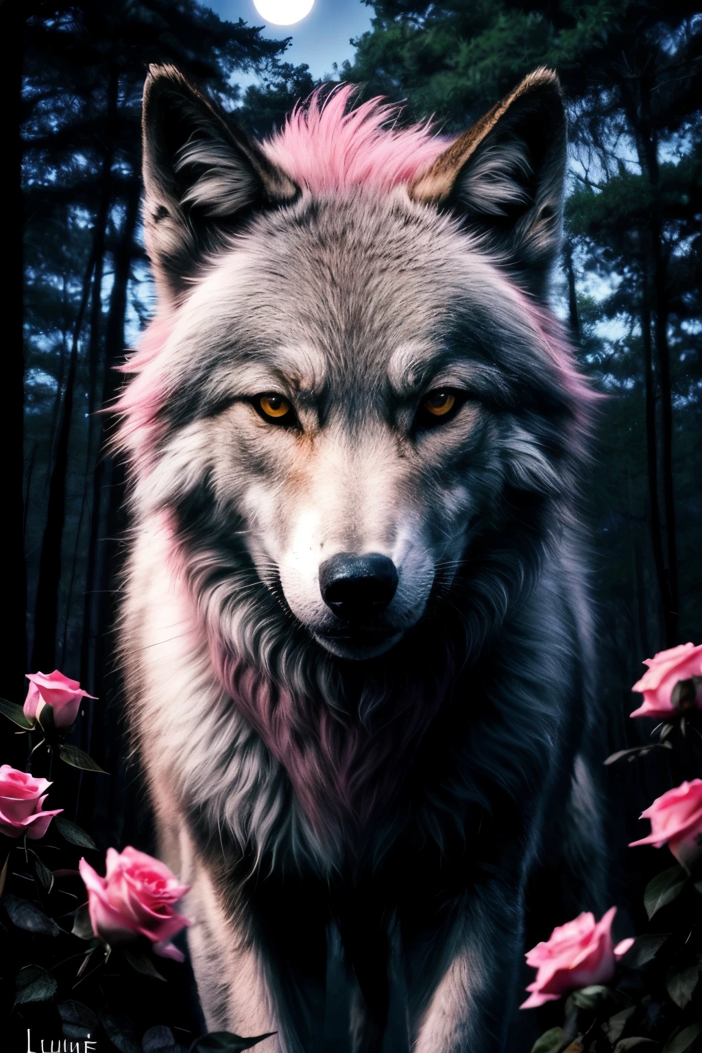 loup assis face lune en foret pleine lune effet couleur rose