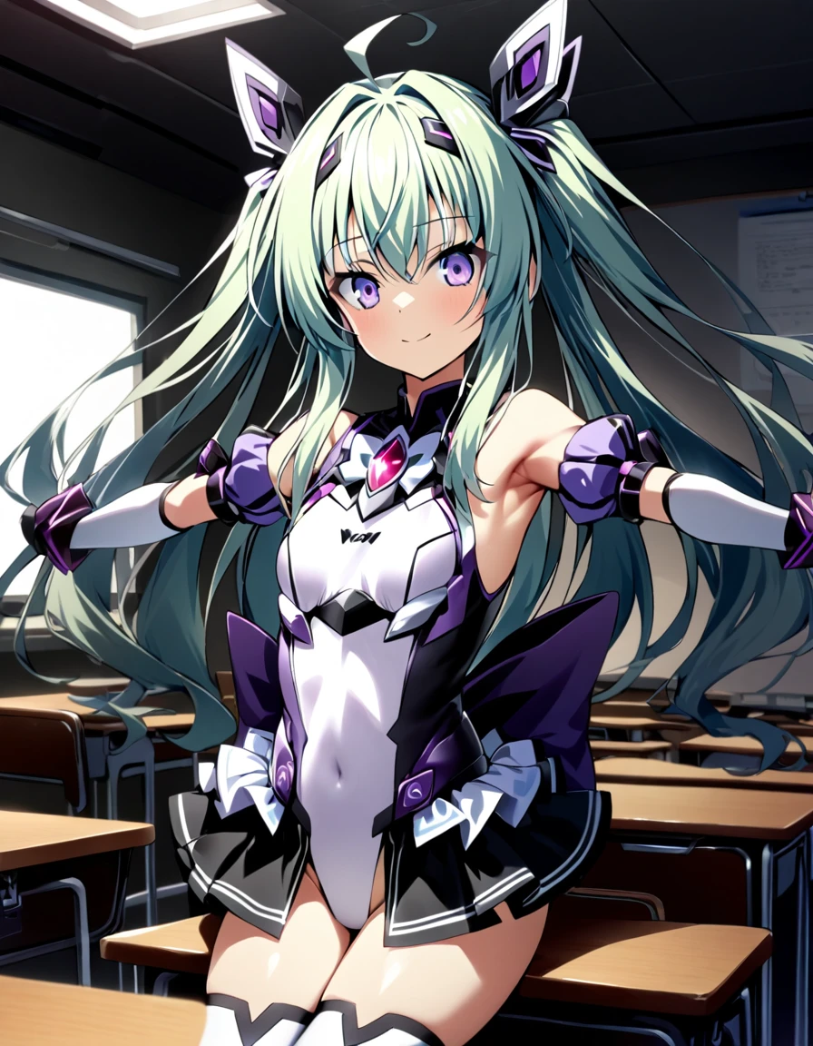 (full body),masterpiece, highest quality, High resolution, exs-tia_flora, magical girl, One Girl, alone, Purple eyes, Green Hair，Long Hair，leotard，Elbow Handbags，Knee-high socks，Cowboy Shot, Sitting, classroom, mechanical, put your hands on the table, smile, Show me your armpits, Raise your arms