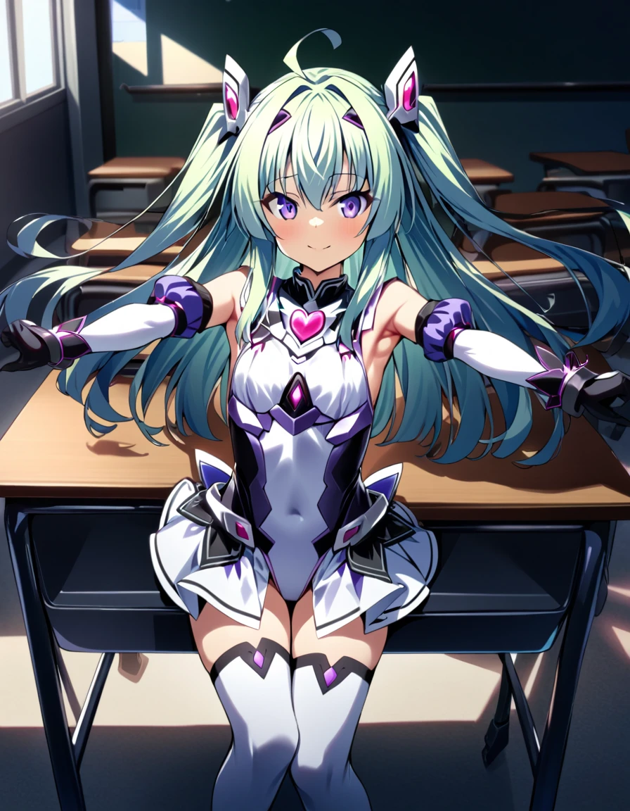 (full body),masterpiece, highest quality, High resolution, exs-tia_flora, magical girl, One Girl, alone, Purple eyes, Green Hair，Long Hair，leotard，Elbow Handbags，Knee-high socks，Cowboy Shot, Sitting, classroom, mechanical, put your hands on the table, smile, Show me your armpits, Raise your arms