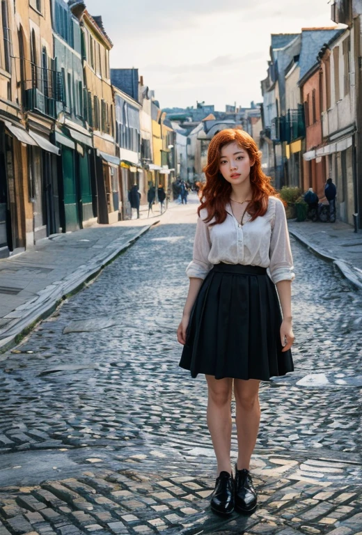 1 girl, ((Standing in front of In Van Gogh's Footsteps)), ((In Van Gogh's Footsteps)) , frente, ((black eyes)), (((perfect eye))), (((redhead))), beautiful black skirt, in a stunning setting, ((In Van Gogh's Footsteps in background)), beautiful city, fim de tarde, live lighting, cores vivas, (((no cars))), ((morning)), (beautiful smile), (cute pose)