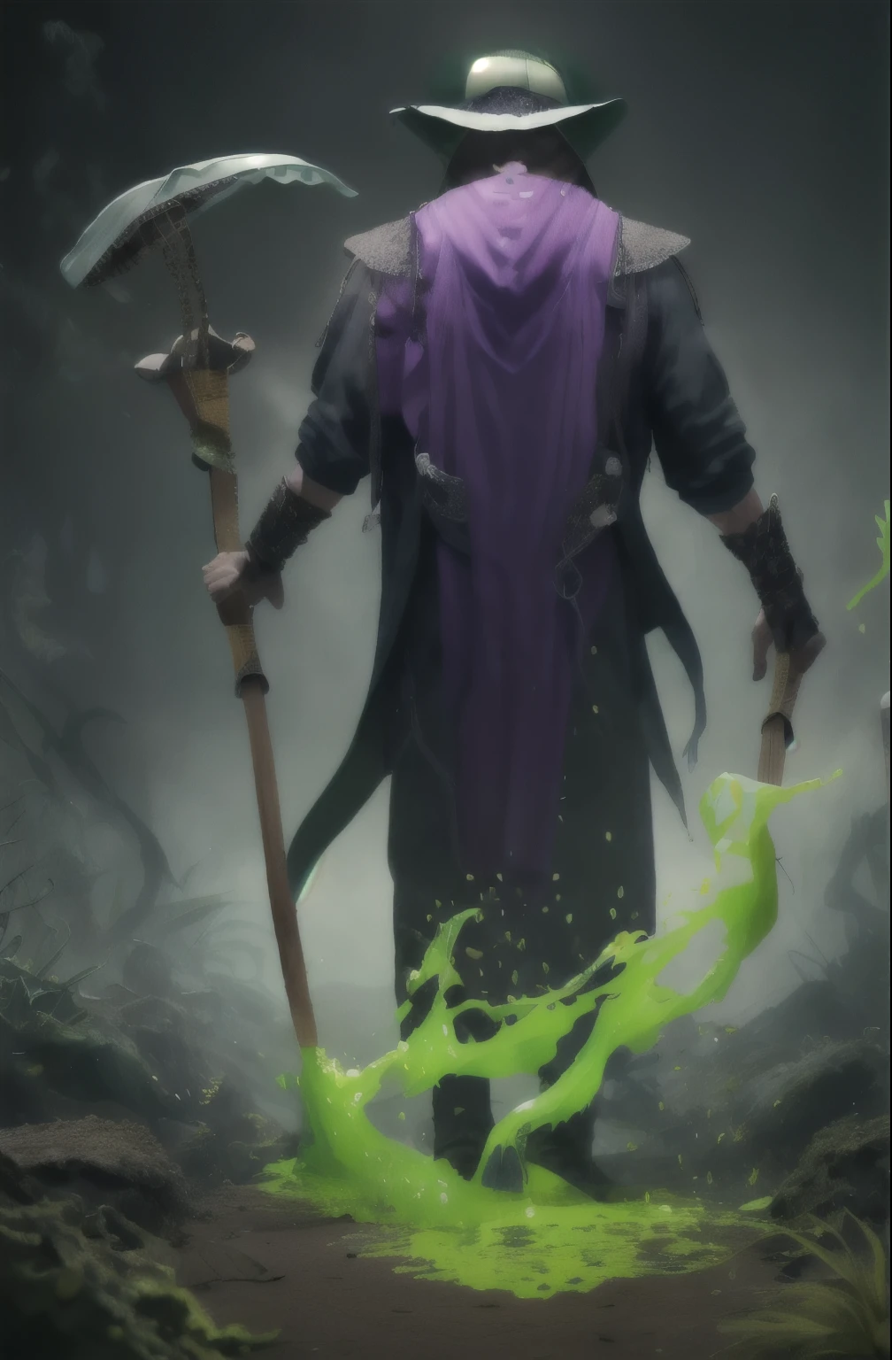 Detalhes intrincados de um ceifador, Estilo-Necromancia, ceifador de um mago necromante envolto em energia verde, NecromanciaAI, corpo todo, 1 , green mist coming out of the eyes (wearing a bucket hat: 1.7), mortal, Horrores (2.3), evocando uma aura de morte, slime splashes all over the floor, a huge eclipse glow coming from behind, cobra venenosa enrolada no personagem, cores splash verdes e roxas, 8K, detalhes intrincados e insanos, foice e machado
