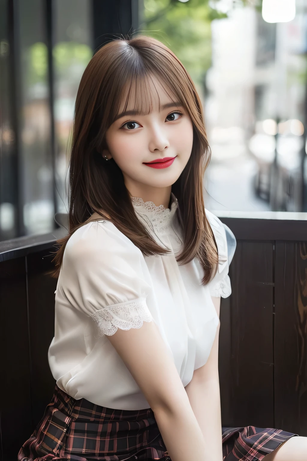 8K, masterpiece, RAW photo, highest quality, realistic, Highly detailed CG Unity 8K wallpaper, written boundary depth, cinematic light, Lens flare, ray tracing, (very beautiful face, beautiful lips, Beautiful drooping eyes), ((super dense skin)) 1 girl, in the dark, ((exposed nipples)), Japanese, idol face, 1 girl, (very slim slender fit-muscled body:1.3), ((looking at the viewer)),(smile:1.3), ((Blouse with lace)), (short sleeve) ,clear eyes, (white skin), (Big eyes), look forward to, (brown straight hair),((plaid skirt)), (looking at the viewer:1.3), (open chest), (very slim), rich bust, thick thighs, See through, ((Squat down and spread your legs)), ((bangs))