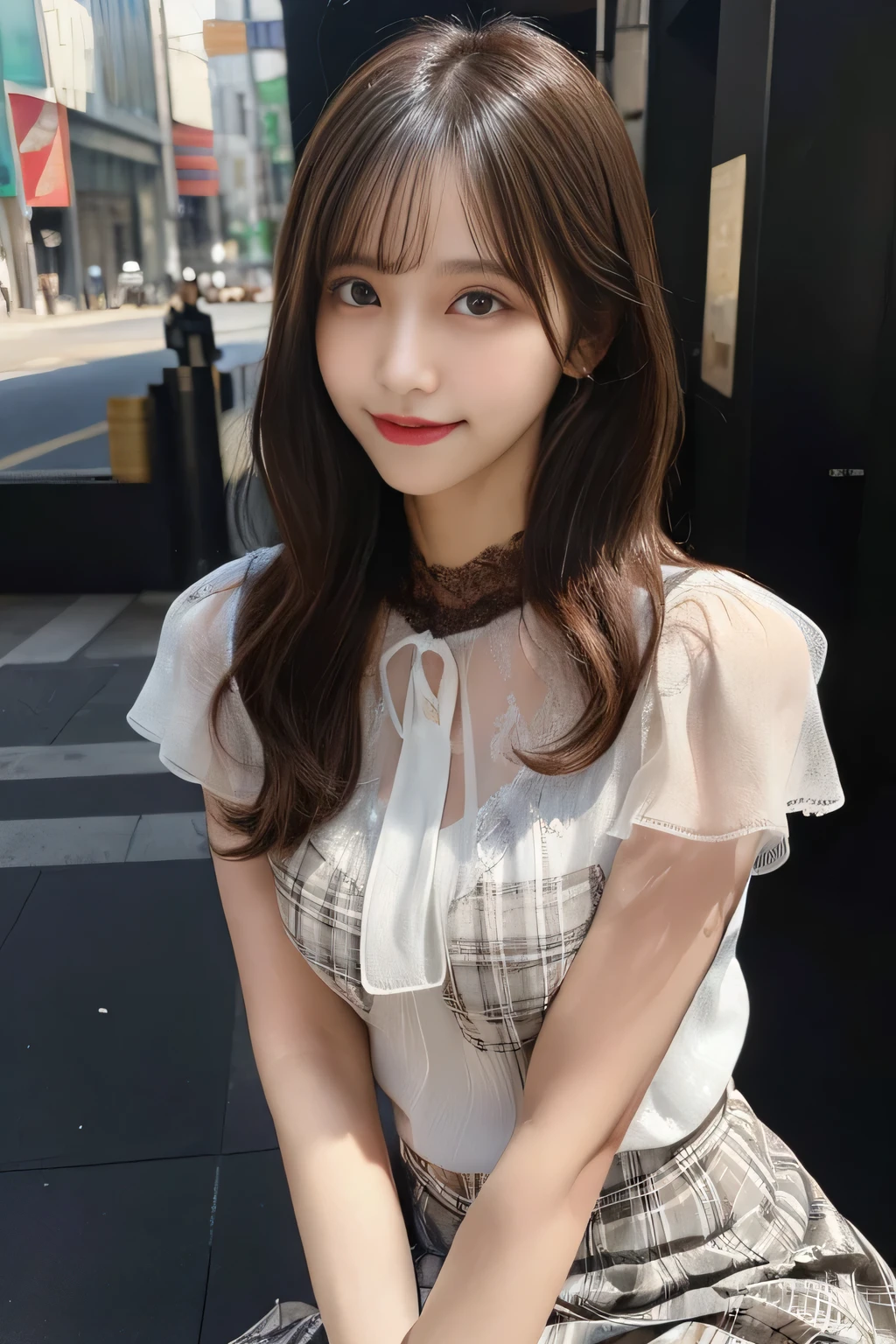8K, masterpiece, RAW photo, highest quality, realistic, Highly detailed CG Unity 8K wallpaper, written boundary depth, cinematic light, Lens flare, ray tracing, (very beautiful face, beautiful lips, Beautiful drooping eyes), ((super dense skin)) 1 girl, in the dark, ((exposed nipples)), Japanese, idol face, 1 girl, (very slim slender fit-muscled body:1.3), ((looking at the viewer)),(smile:1.3), ((Blouse with lace)), (short sleeve) ,clear eyes, (white skin), (Big eyes), look forward to, (brown straight hair),((plaid skirt)), (looking at the viewer:1.3), (open chest), (very slim), rich bust, thick thighs, See through, ((Squat down and spread your legs)), ((bangs))