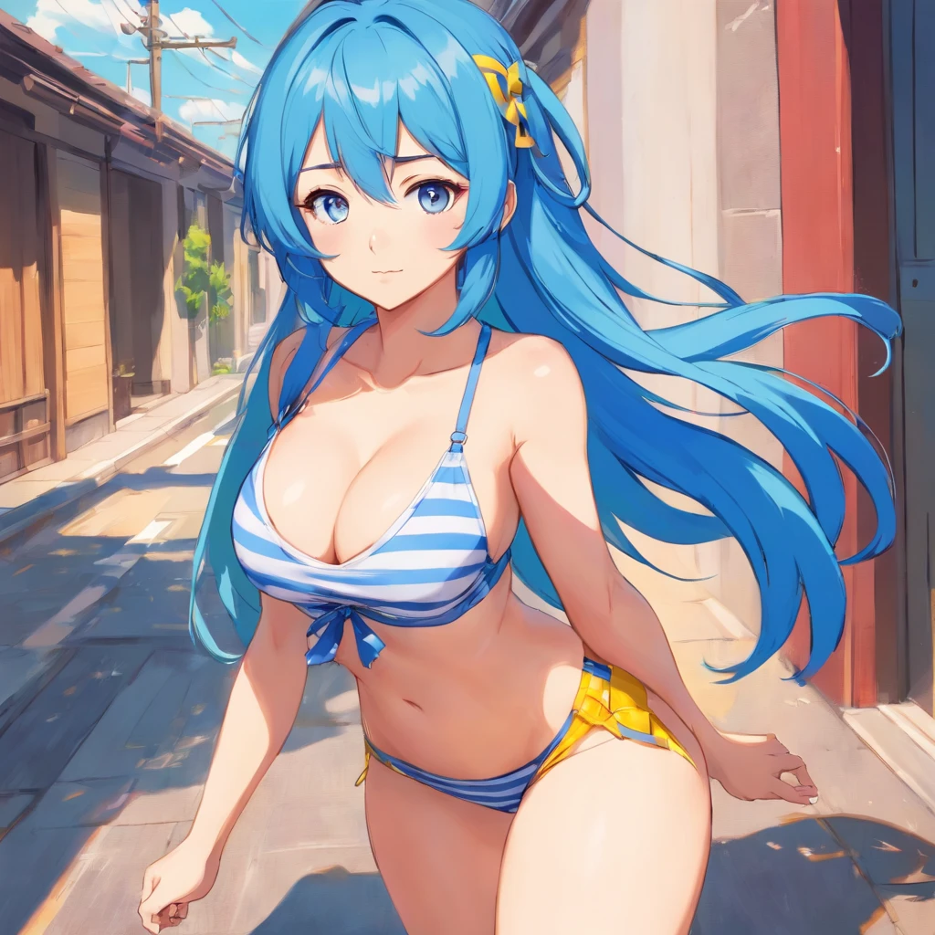 (Picture of beautiful anime girl) Busty shirt, girl with blue hair, big breasts, about middle size, not too big and not very small. pretty woman with cute face blue-yellow eyes Wearing blue underwear with yellow stripes, white legs, full body standing, beautiful legs, beautiful arms, showing breasts.