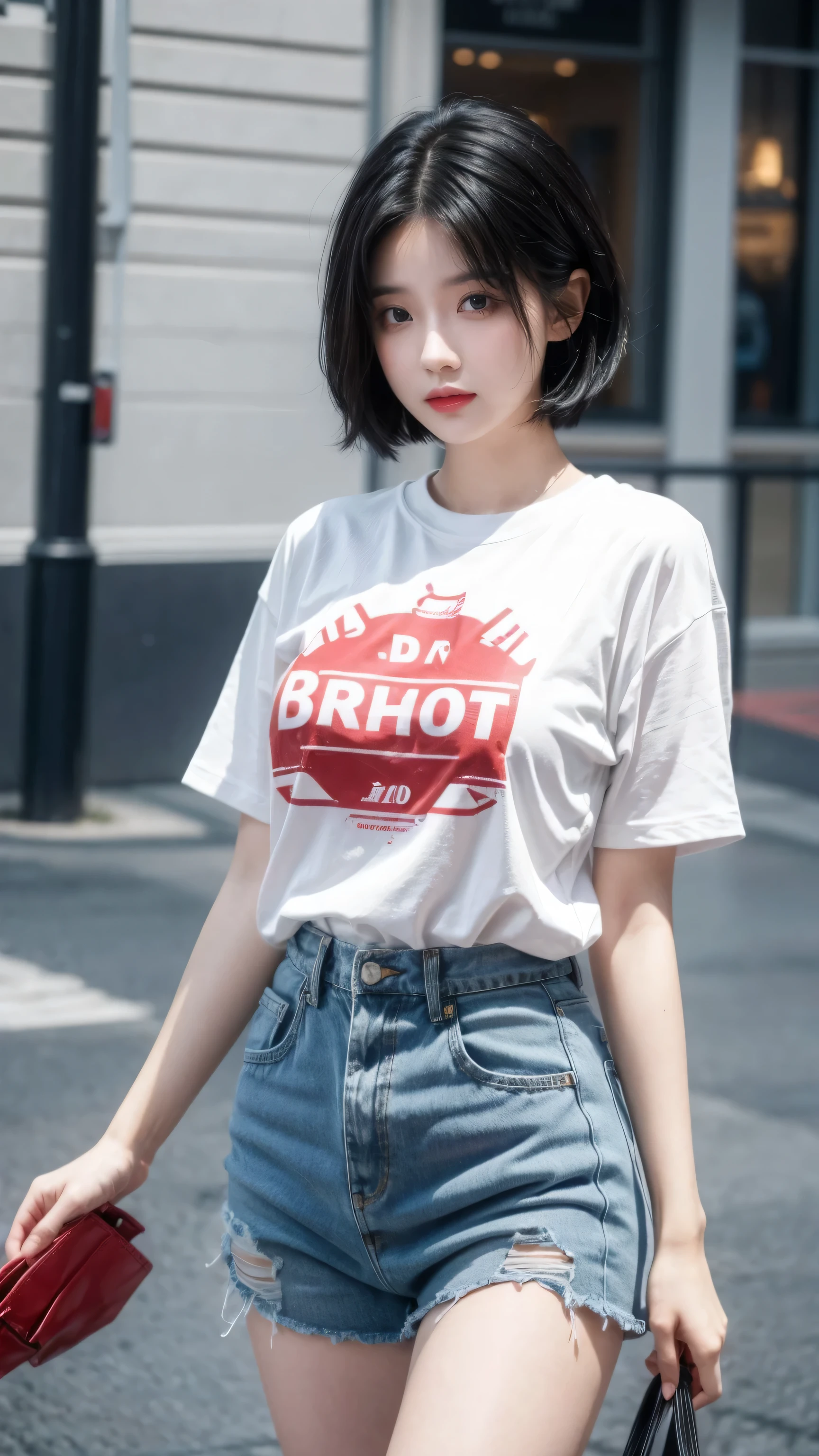 best quality, 1 Girl, dark blue hair, black eyes, Very short hair, Spiky hair, white and red TEXT oversize t-shirt, High waist short jeans, 171 cm, Messy hair, Hair between the eyes, Medium breasts, full, Tomboy, aldult, 20 years old, 1 Girl near red motorcycle