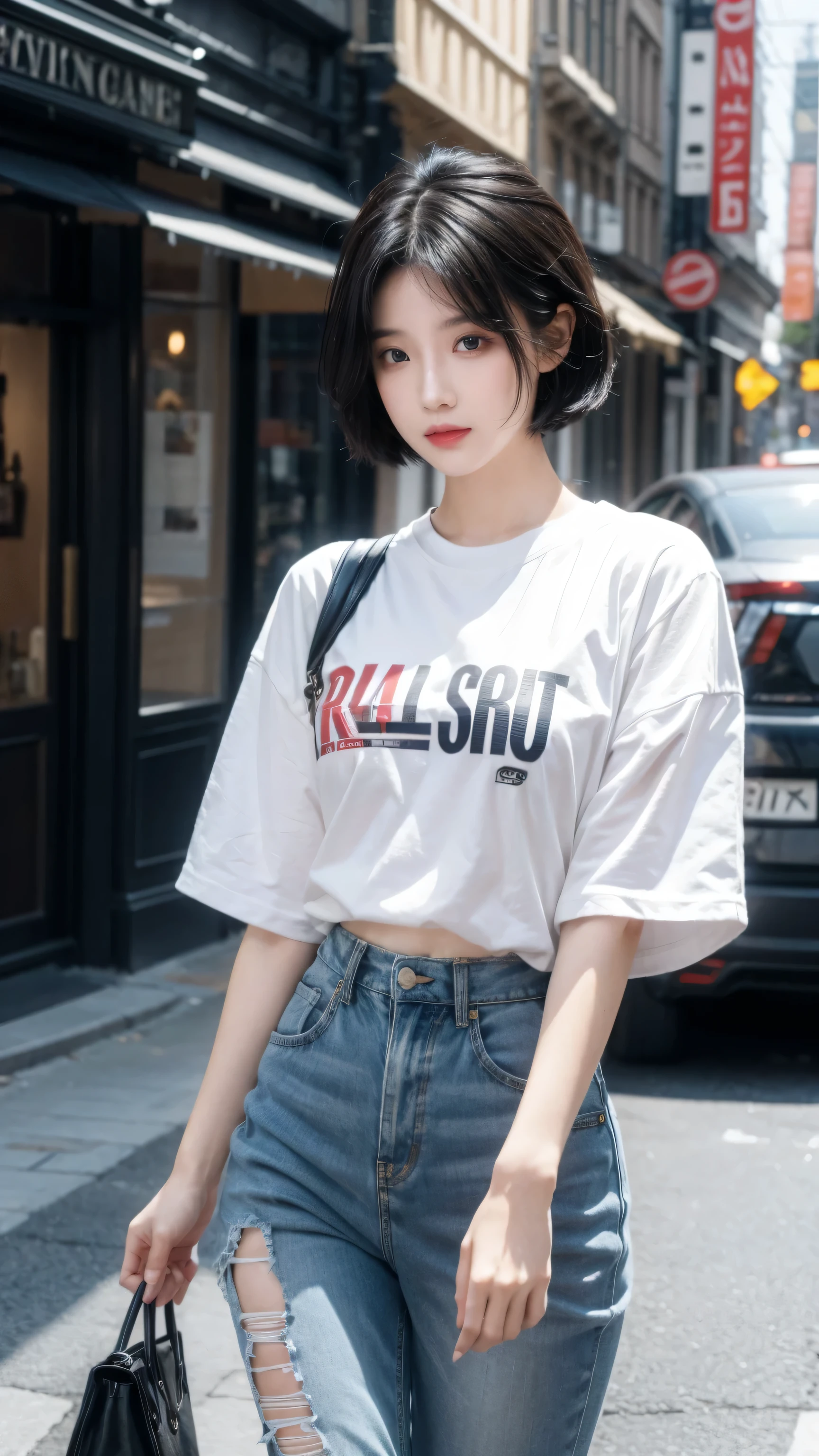 best quality, 1 Girl, dark blue hair, black eyes, Very short hair, Spiky hair, white and red TEXT oversize t-shirt, High waist short jeans, 171 cm, Messy hair, Hair between the eyes, Medium breasts, full, Tomboy, aldult, 20 years old, 1 Girl near red motorcycle