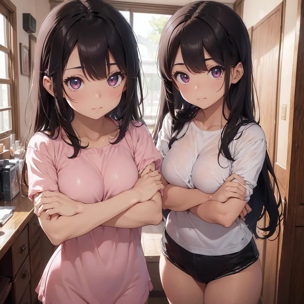 ((mejor calidad)), ((obra maestra)), ((ojos rosados)), (detallado), cara perfecta, cabello negro lacio, perfect anatomy, mujer japonesa hermosa, adolescente, desnuda, posing holding her breasts with her arms crossed, tiro de cuerpo completo, the background is his room, young woman's room, cowgirlpose,1boy, penis, ass