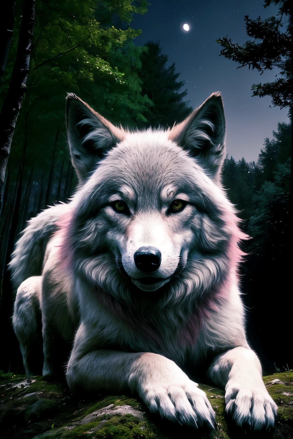 loup assis face lune en foret pleine lune effet couleur rose