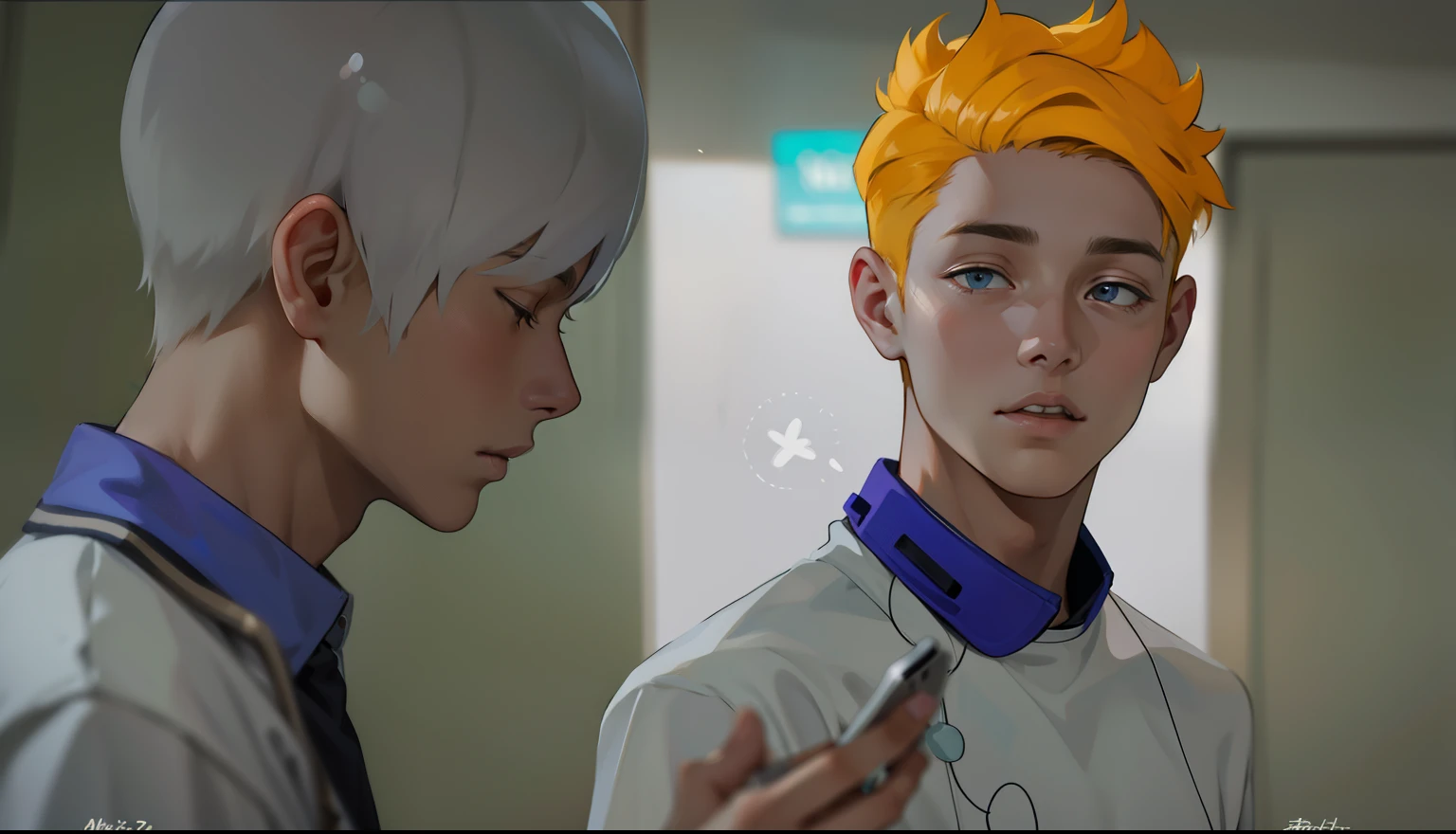 He is calling on his cell phone, there are two cute -yeld bo they are worried, thoughtful.