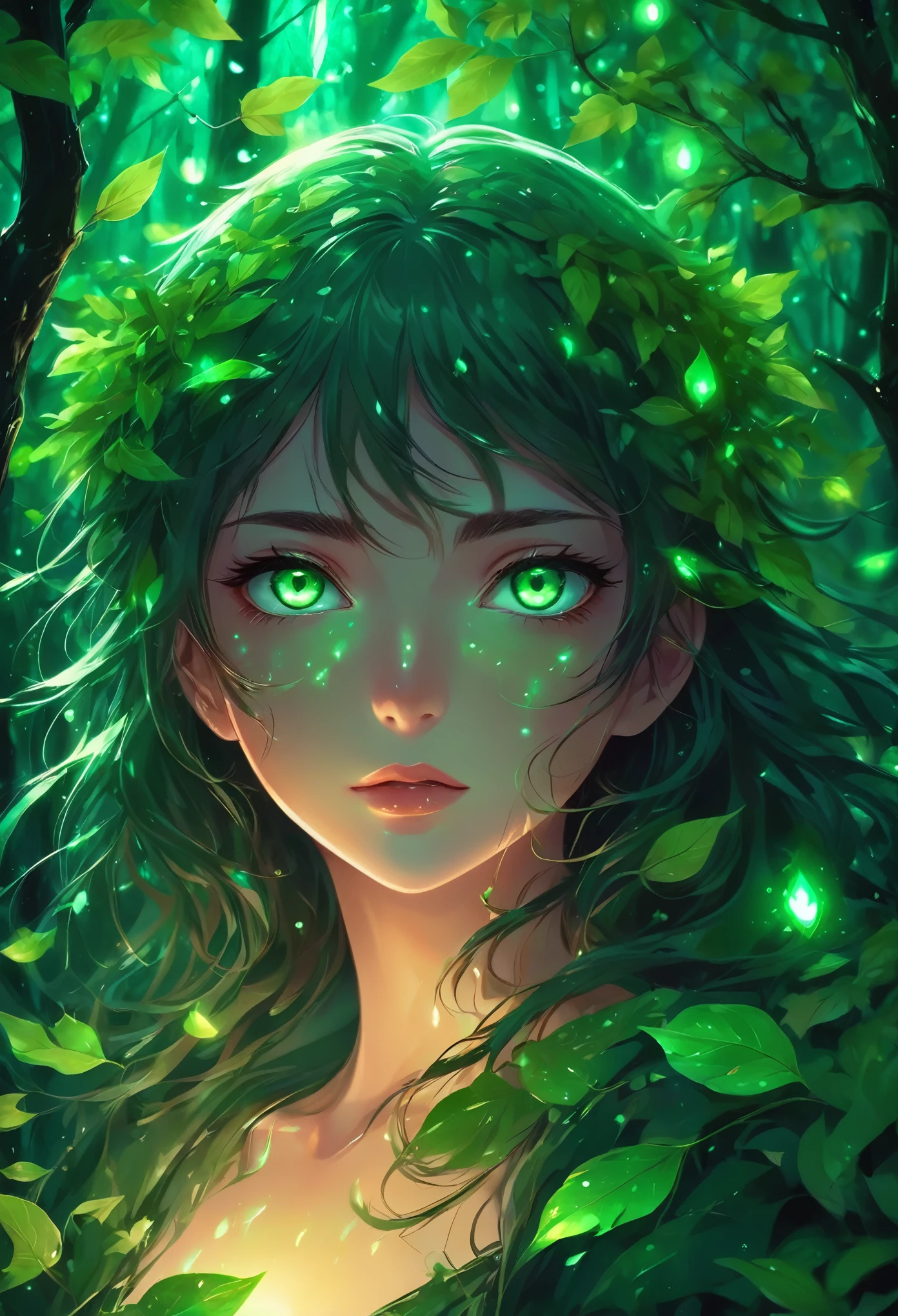 anime girl with green eyes in the dark surrounded by leaves, green glowing eyes, with glowing eyes, magical glowing eyes, anime lush john 8k woods, dark glowing rain, glowing eyes everywhere, eerie glowing eyes, glowing eyes, eyes glowing, numerous dimly glowing eyes, anime style. 8k, glowing green eyes, glowing magical eyes, very glowing eyes