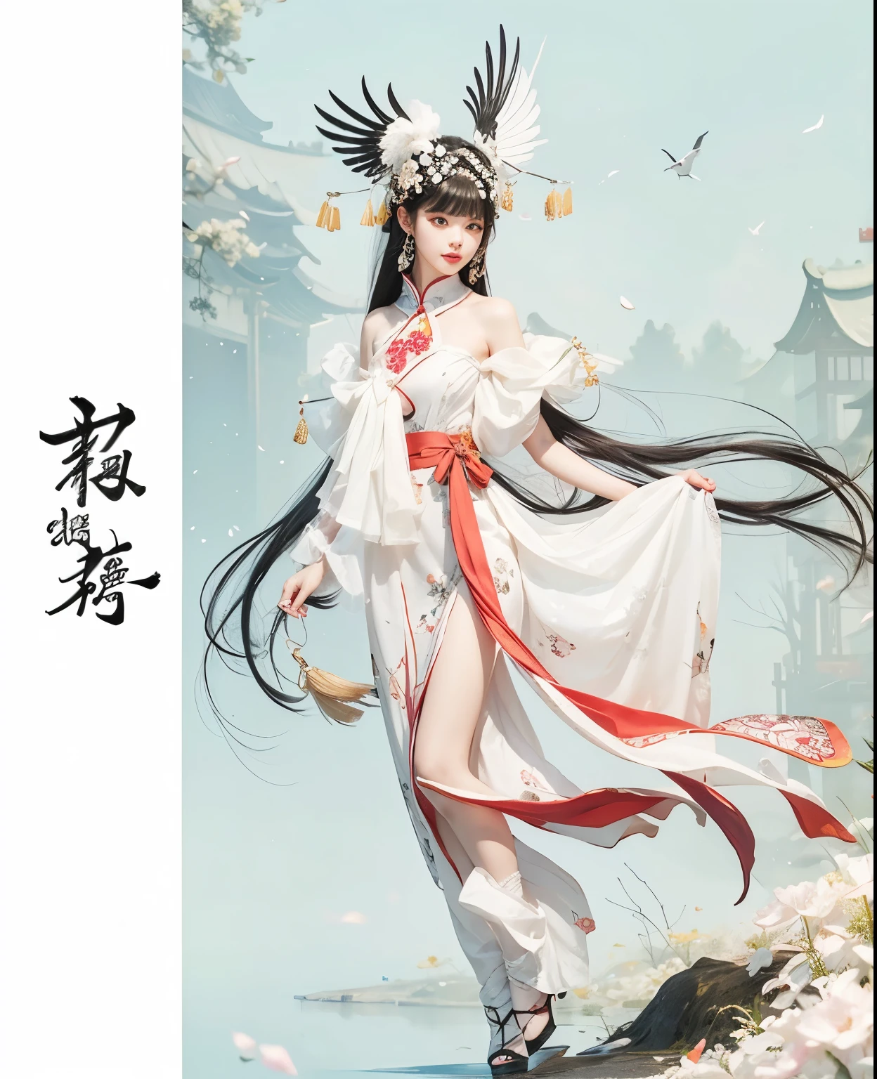 Chinese female college students，Fairy Costume，Crane accessories，（（Holding a Chinese crane in hand：1.5）），Black and white floral skirt，((best quality)), ((masterpiece)), (detailed)，((Delicate face))