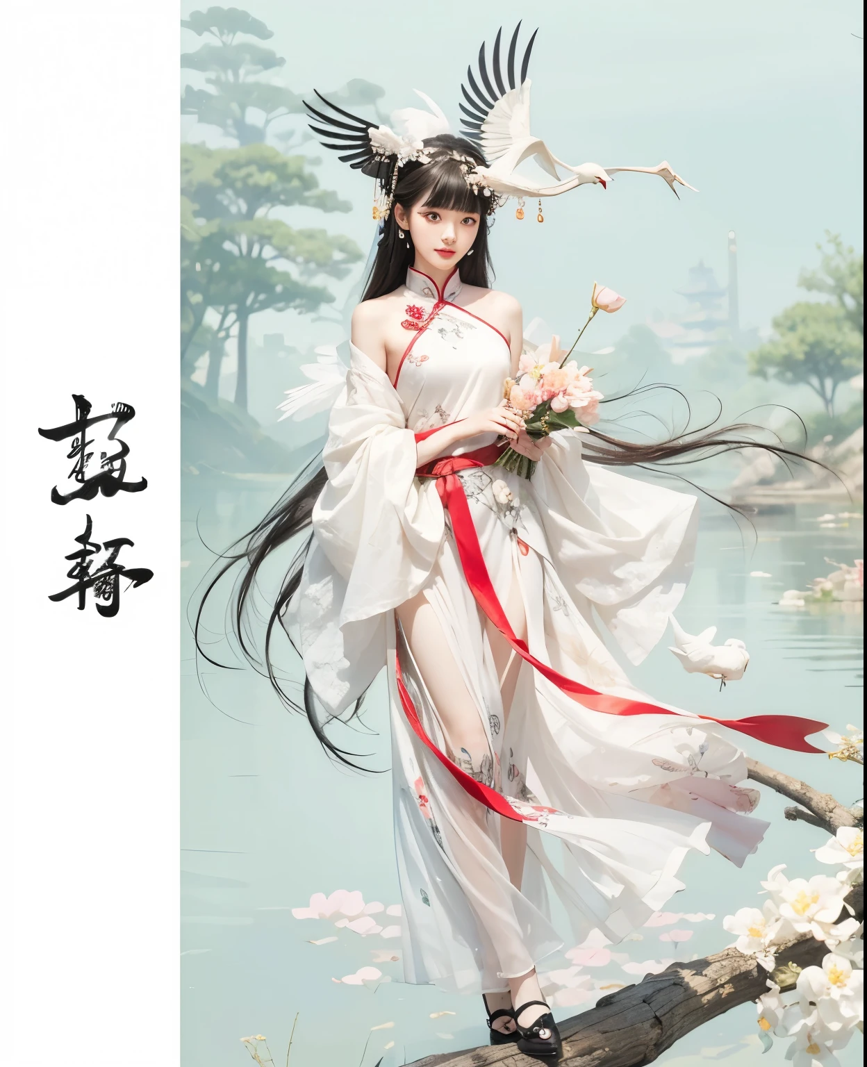 Chinese female college students,Fairy Costume,Crane accessories,((Holding a Chinese crane in hand:1.5)),Black and white floral skirt,((best quality)), ((masterpiece)), (detailed),((Delicate face))