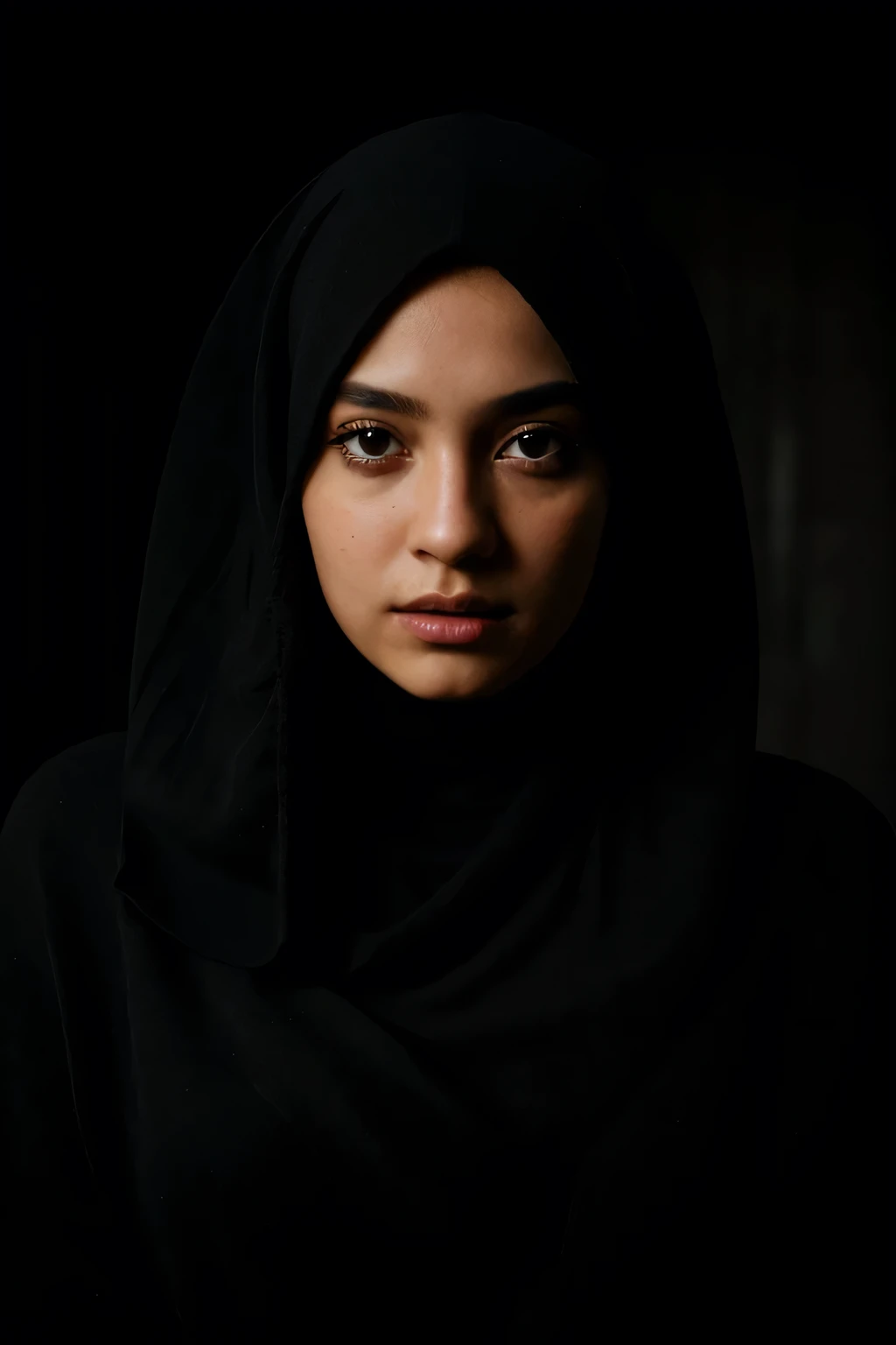 Best quality, masterpiece, ultra high res, (photorealistic:1.4), raw photo, 1girl, detailed hijab, detailed eyes and face, black sweater, dynamic lighting, in the dark, deep shadow, low key, cowboy shot