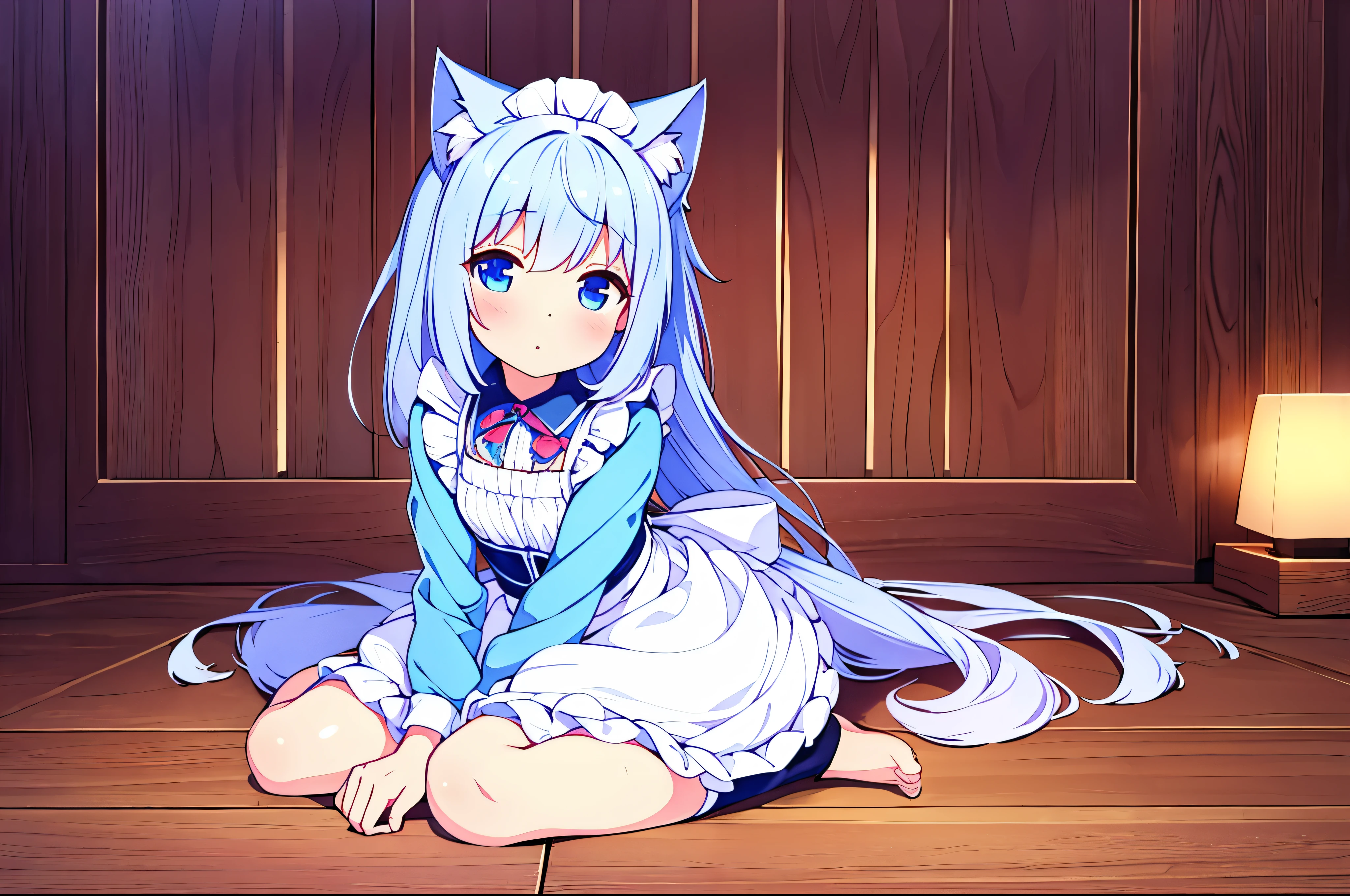 hermosa gran calidad de imagen muy detallado gran efecto de luz gran calidad de detalle chica pelo azul ojos rosas maid nekomimi en habitacion full body medias largas