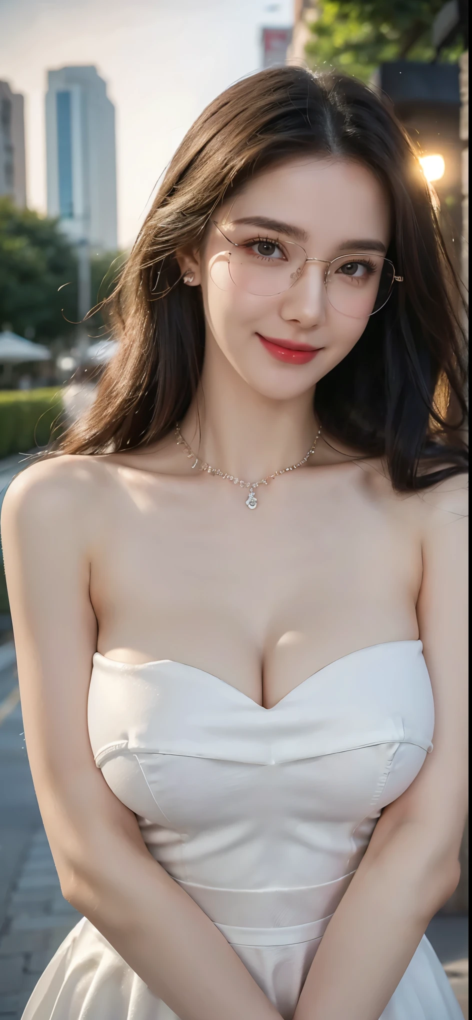 (Canon RF85mm f/1.2), (8K, RAW photos, best quality), (masterpiece), (actual, photograph actual), (Very detailed, High Detail, Best image quality, Super detailed, high resolution, Very detailed, Very detailed的描述, Ultra-fine, Extremely exquisite and beautiful work), Beautiful and delicate girl, Solo Girl, ((Perfect body)), Very detailed eyes and face, White skin, Noble beauty, ((The skin texture is delicate, Pores)), Perfect anatomical structure, Beautiful body, Delicate face, Slim abs, Slim waist), Big Ass, (Large Breasts, Breast enlargement), (Cleavage), (affectionate gaze, soulful eyes, Glowing eyes), (beautiful and clear eyes), (Bounce Curly Messy Long Hair), (Smile:1.2), (fascinated expression), (Attractive appearance), ((Low-cut,Wedding dress,No Sling,Show your shoulders,E cup)), ((Tight)), ((bud)), ((wear glasses)), earrings, necklace, ((night)), ((Street View, moonlight)), Physically Based Rendering, Realistic lighting, (((Upper Body))), ((looking at the audience)), ((Everlasting)), ((Happy and shy))