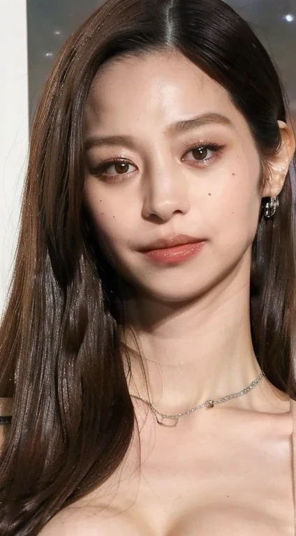 ((night, Realistic Light, highest quality, 8k, masterpiece: 1.3)), One girl, Slim Beauty: 1.4, Abdominal muscles: 1.1, (Brown Hair, Big Breasts: 1.3), Translucent white erotic underwear: 1.2, Bathroom, Super Fine Face, Thin silver necklace, Fine grain, double eyelid