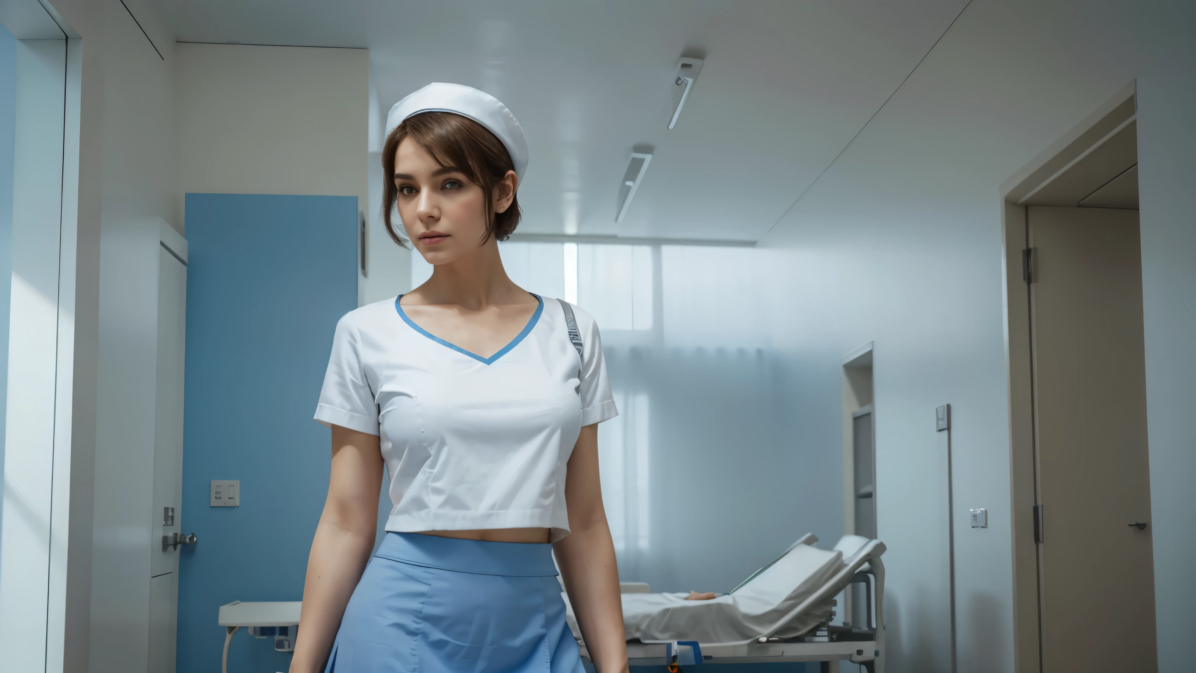 2 nurse, solo, short hair, nurse outfit, white top with blue skirt, nurse cap, nurse budge, perfect light, 8k, masterpiece:1.2, ultra-detailed, realistic:1.37, full HD, hospital background , Iran
