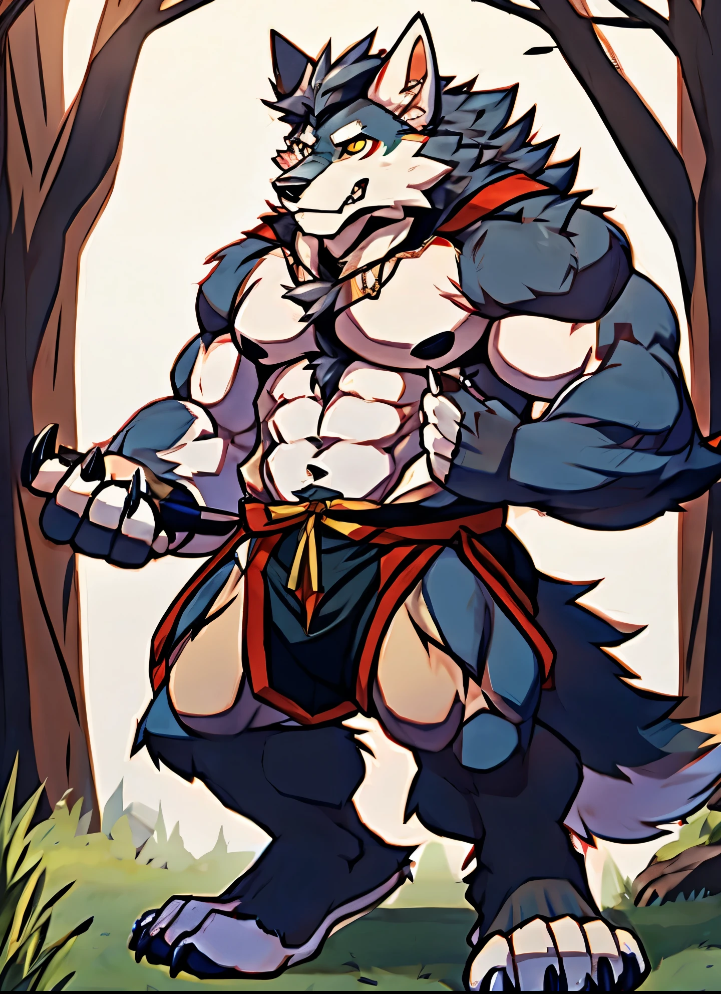 Human-wolf，musculous，Hairy all over，clawed paws，erect through