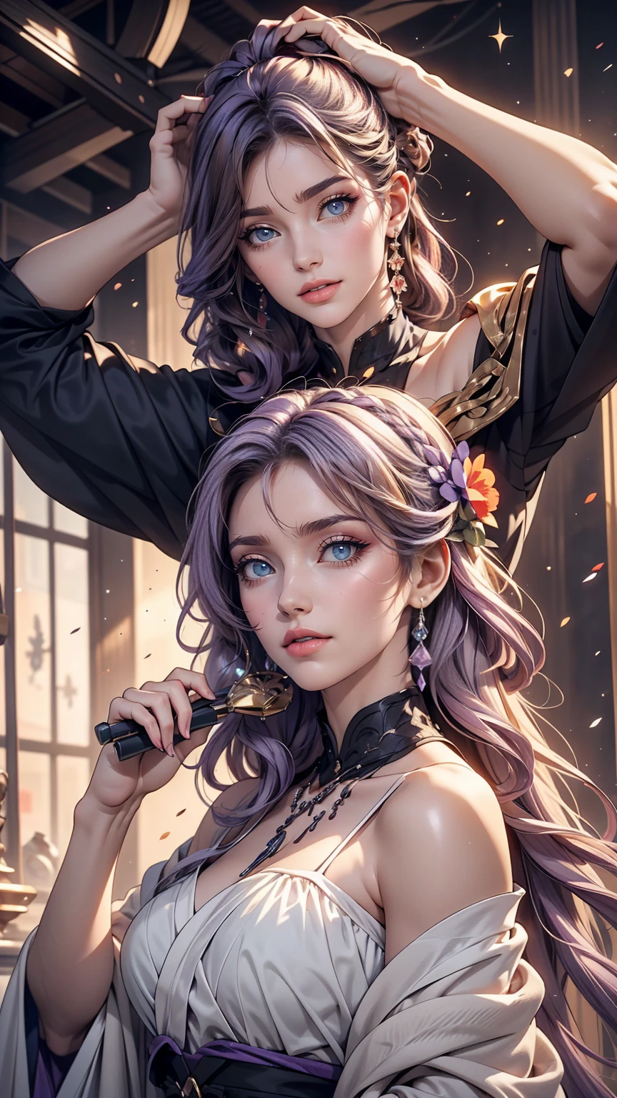 araffes with Purpleの髪 is getting her hair done, Hair Color, Purpleのハイライト, 髪にPurpleの筋, Purpleの髪, UV highlights, flowing Purpleの髪, Purpleの髪, long Purpleの髪, Lavender colored hair, Purpleの長い髪, Purpleの長い髪, Two-tone hair, Lilac hair, Bright rainbow hair colors, Purple, Dye your hair, long Purpleの髪、White woman、Indigo eyes