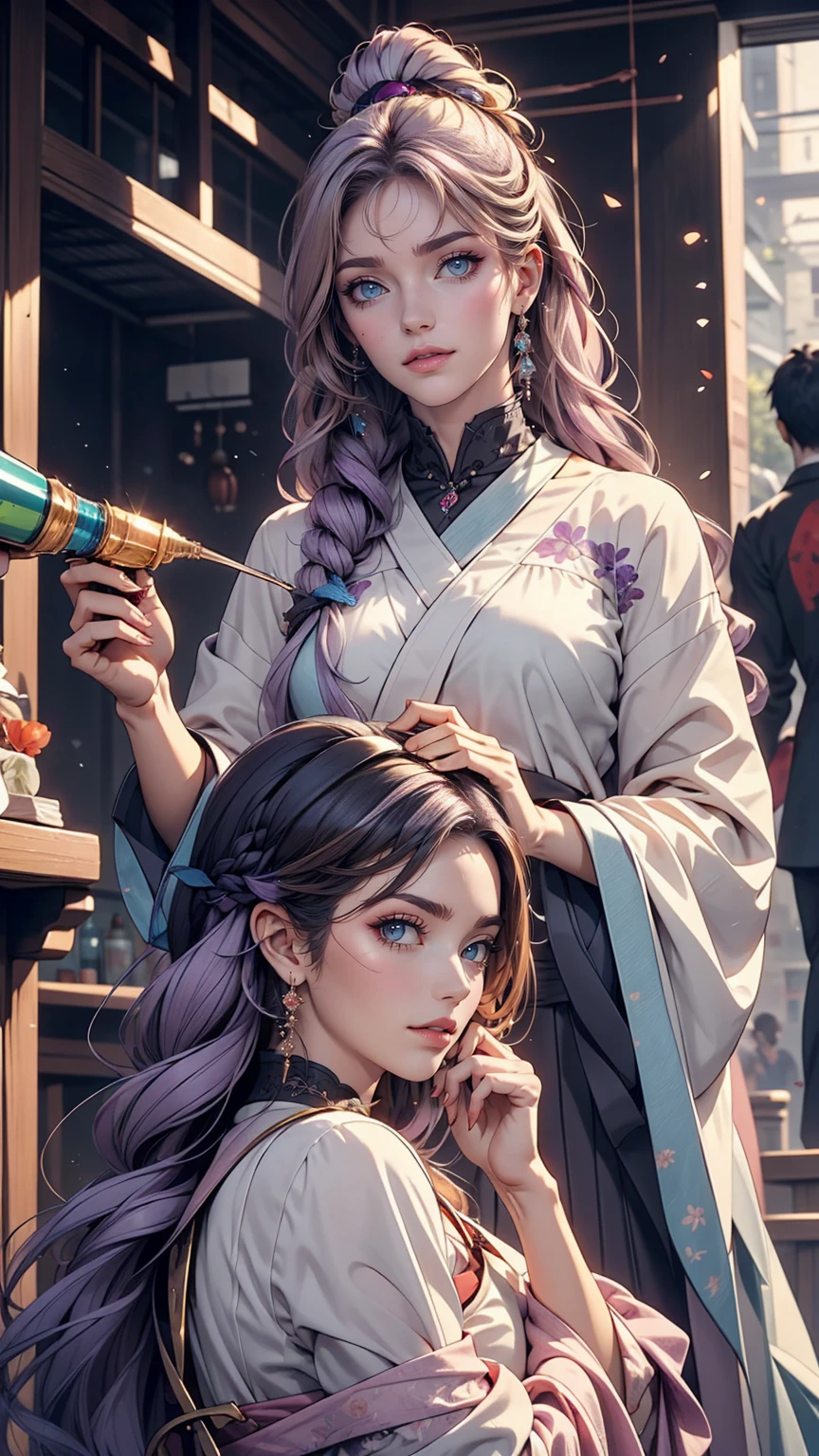 araffes with Purpleの髪 is getting her hair done, Hair Color, Purpleのハイライト, 髪にPurpleの筋, Purpleの髪, UV highlights, flowing Purpleの髪, Purpleの髪, long Purpleの髪, Lavender colored hair, Purpleの長い髪, Purpleの長い髪, Two-tone hair, Lilac hair, Bright rainbow hair colors, Purple, Dye your hair, long Purpleの髪、White woman、Indigo eyes