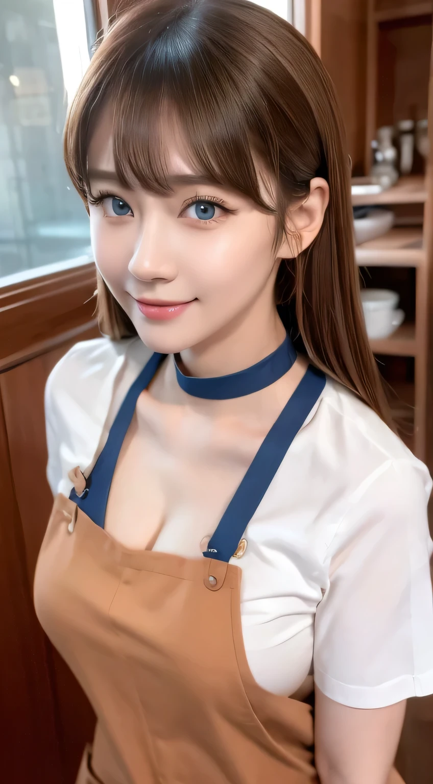 (highest quality, masterpiece:1.3, 超A high resolution), (Super detailed, Caustics), (Realistic:1.4,RAW shooting,)Ultra-Realistic Capture,Very detailed,High resolution 16k, Human skin close-up, The skin texture is natural, It must be detailed enough to be easily identifiable.。 Skin should look healthy and have an even tone。 Use natural light and color, restaurant, (( apron)), 1 girl, Japanese, 18-year-old, cute, Medium Hair, Big Breasts, smile, Turn your body forward, (View from the front:1.1), Looking into the camera, (Cowboy Shot),vision, focused on the chest, Brown Hair, Black choker, fluffy eyelashes, blue eyes, bangs