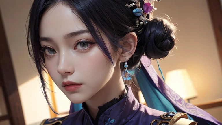 Close up of a woman with blue hair and purple shirt, Superb beauty,((short detailed hair)),Portrait Chevaliers du Zodiaque Fille, zhongli from genshin impact, Keqing from Genshin Impact, Yun Ling, inspired by Leng Mei, Beautiful character painting, uma linda princesa, Exquisite princess, portrait of a female mage, Rendu portrait 8k