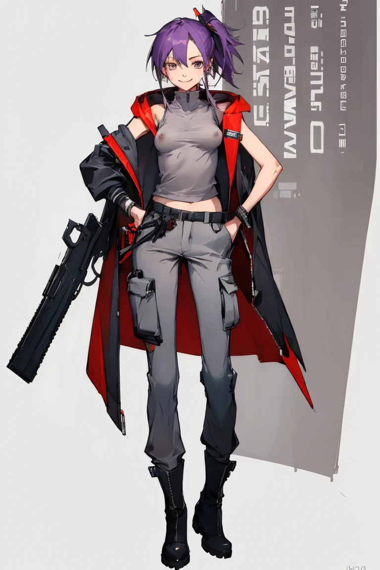 ((highest quality)), ((masterpiece)), (be familiar with),Clementine,Overload,nsfw,Sleeveless hoodie,Grey Shirt,cargo pants,Bewitching Smile,whole body,boots,Long coat,Erect nipples, cyber punk,SF
