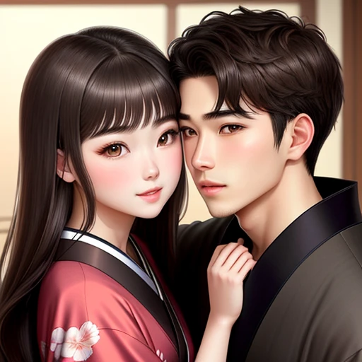 Use kimono. aggressive kissing kiss, staring intently to eyes. No one look at front. Hand on the face. 
20-year-old boy and 18-year-old girl and.  Detailed face, Detailed eyes, double eyelid, cute, sunny, warm vibes, Handsome-cool-warm-boy with brown hair and hot-seductive-sexy-cute-beautiful-girl with black hair and blushing face. Intimate vibes. 