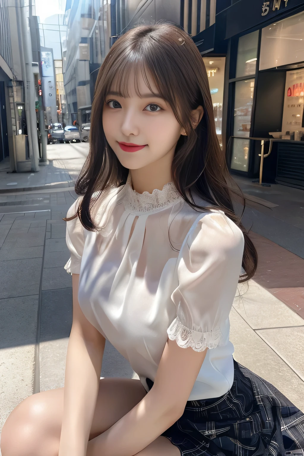 8K, masterpiece, RAW photo, highest quality, realistic, Highly detailed CG Unity 8K wallpaper, written boundary depth, cinematic light, Lens flare, ray tracing, (very beautiful face, beautiful lips, Beautiful drooping eyes), ((super dense skin)) 1 girl, in the dark, ((exposed nipples)), Japanese, idol face, 1 girl, (very slim slender fit-muscled body:1.3), ((looking at the viewer)),(smile:1.3), ((Blouse with lace)), (short sleeve) ,clear eyes, (white skin), (Big eyes), look forward to, (brown straight hair),((plaid skirt)), (looking at the viewer:1.3), (open chest), (very slim), rich bust, thick thighs, See through, ((Squat down and spread your legs)), ((bangs))